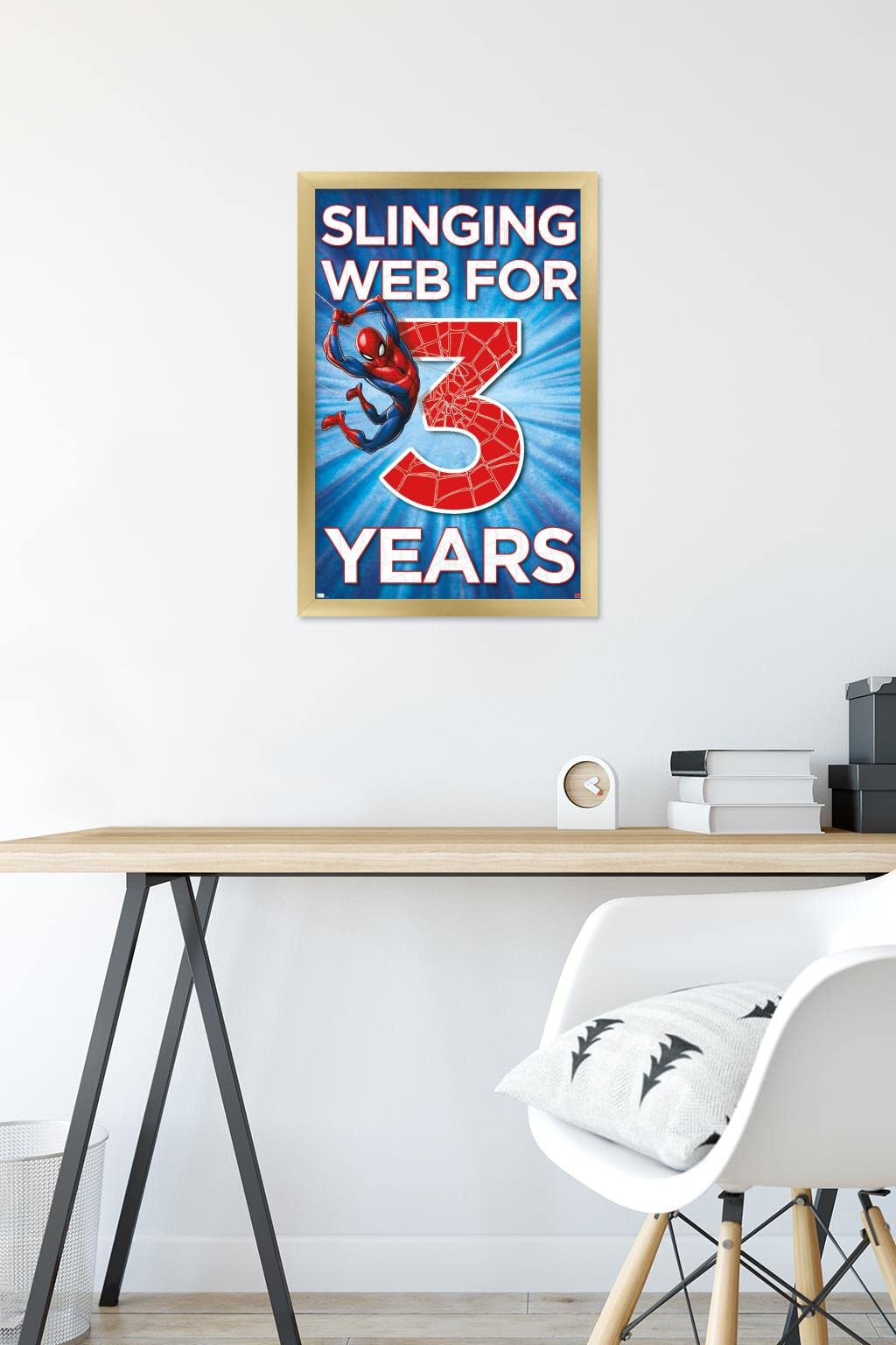 Marvel Spider-Man Happy 3rd Birthday Gold Framed Wall Poster 22.4x14.7 Inches - Perfect for Kids Room Decor & Birthday Party Decorations