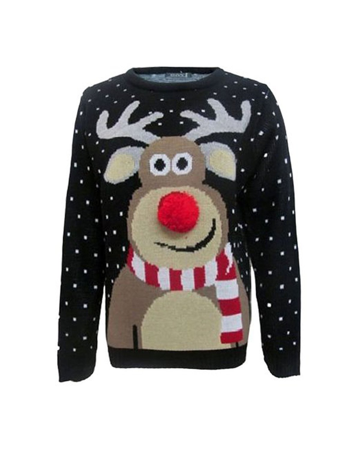 GirlsWalk Unisex Kids Christmas Sweater with 3D Rudolph Nose & Pom Poms - Festive Holiday Outfit for Family Photos & Ugly Sweater Parties
