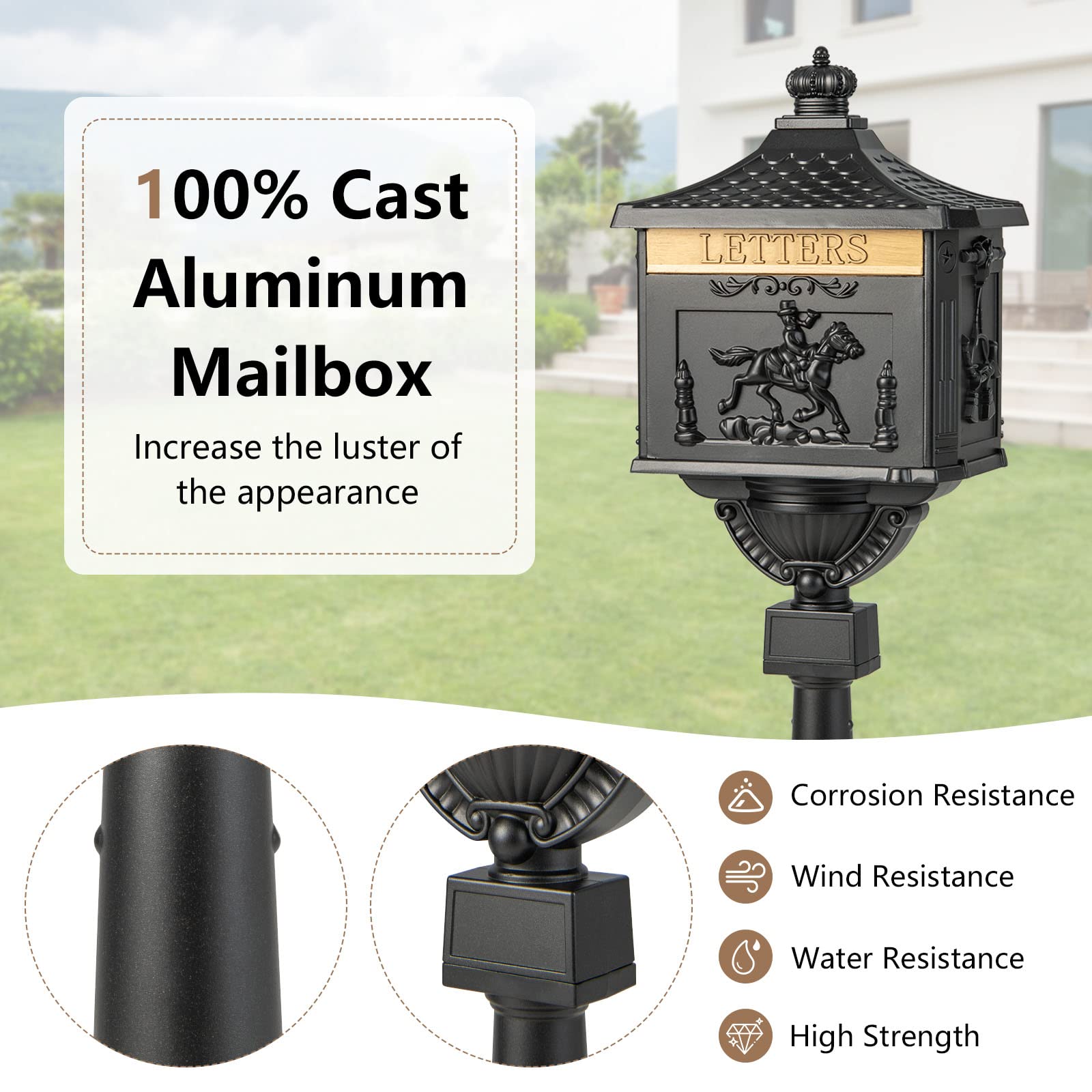Giantex Black Cast Aluminum Mailbox - Secure Outdoor Mailbox with Lock & Keys for Home Security