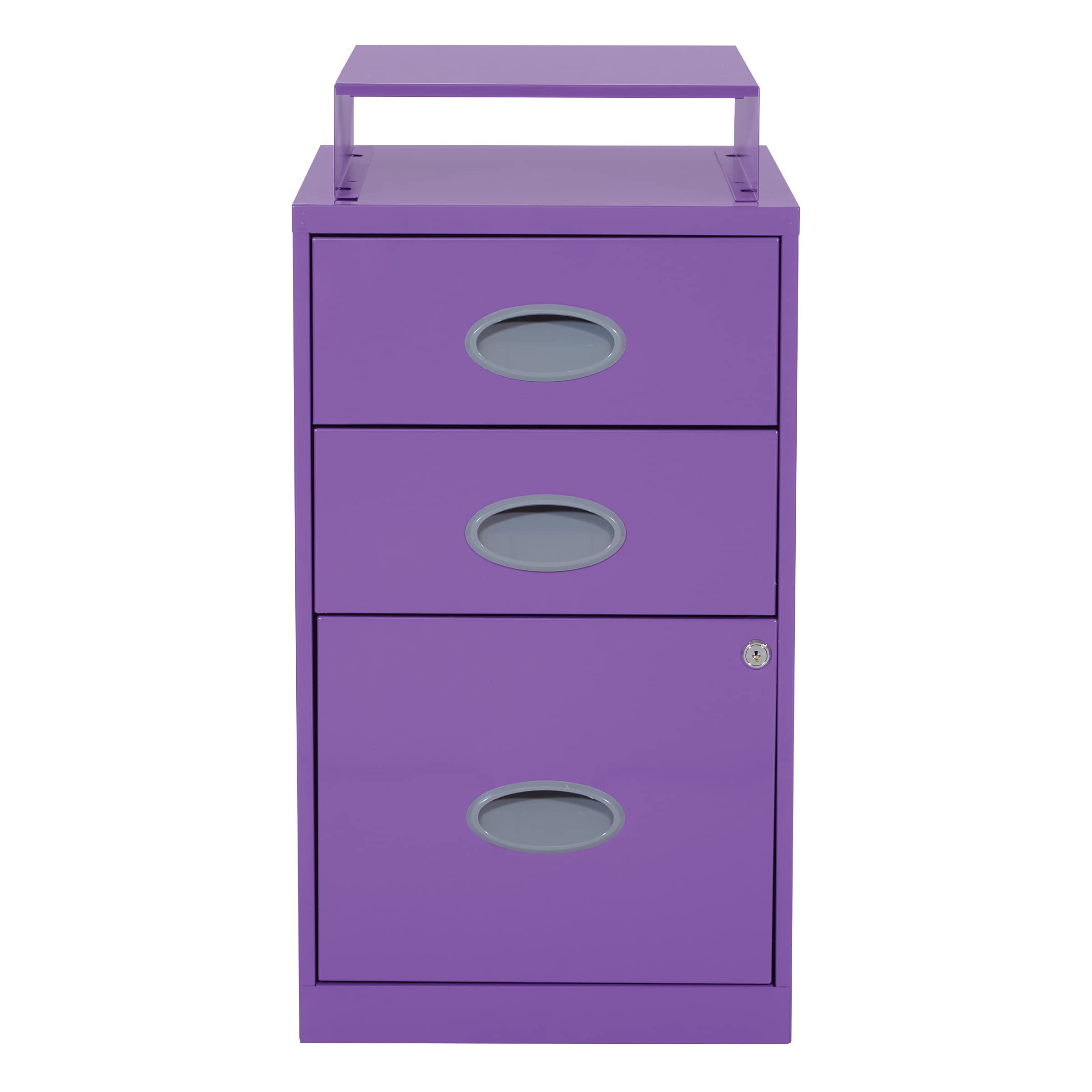 OSP Home Furnishings 3-Drawer Locking Metal File Cabinet with Top Shelf, Purple - Secure Document Storage for Office, Home & School Organization