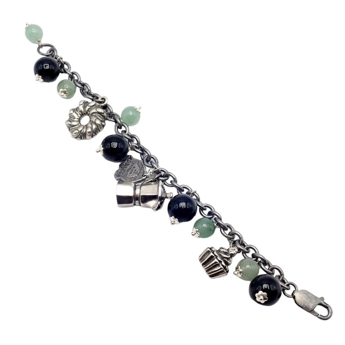 Vintage Mario Buccellati Sterling Silver Coffee Jadeite Onyx Beaded Charm Bracelet - Elegant Jewelry Gift for Women, Perfect for Parties, Weddings & Special Occasions