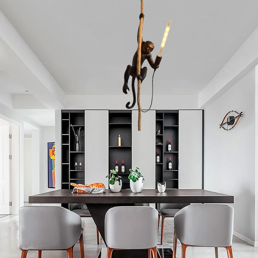 Handmade Resin Monkey Ceiling Pendant Light - Black Hanging Lamp with Hemp Rope for Dining Room, Restaurant, Bar & Cafe | Unique Home Decor & Creative Lighting for Jungle Theme, Tropical Decor & Boho Interior Design