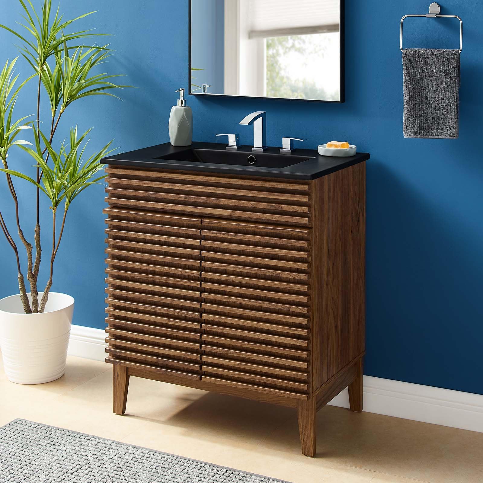 Modway 30 Inch Walnut Black Vanity with Sink - Modern Bathroom Floor Cabinet for Small Spaces, Perfect for Apartments & Powder Rooms