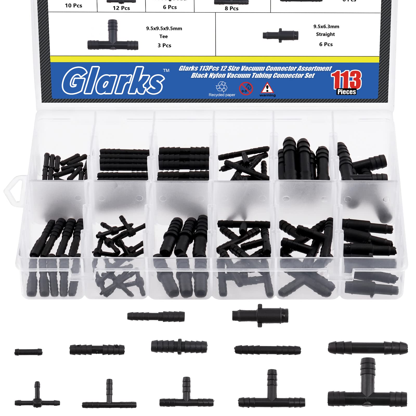 Glarks 113-Piece 12-Size Black Nylon Vacuum Connector Assortment Kit - Automotive Hose Fittings for Air Intake, Fuel Line, PCV Valve & Vacuum Tube Repair - Perfect for Car, Truck & Motorcycle Maintenance