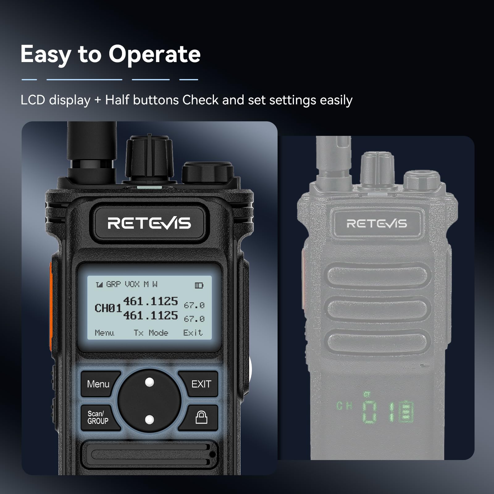 Retevis RT86S Long Range Walkie Talkies - Professional 2 Way Radios with Type C Charging, LCD Display & 2600mAh Battery - Heavy Duty Communication for Security Teams, Construction & Outdoor Adventures (Black, 2 Pack)