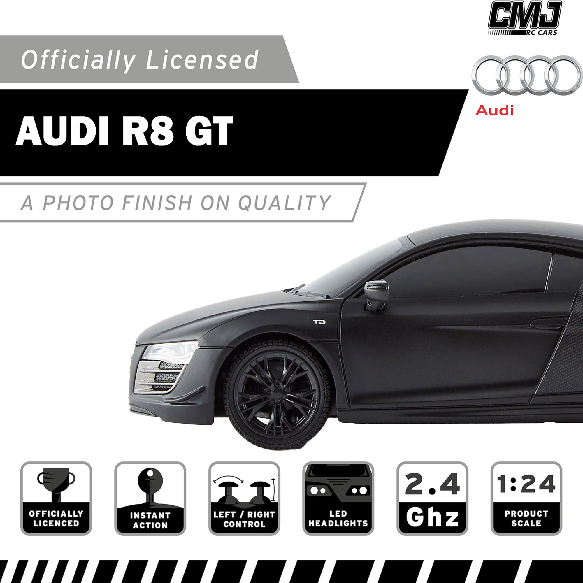 Audi R8 GT 1:24 Scale Remote Control Car - 2.4GHz High-Speed RC Racing Car with LED Headlights (Black) - Perfect for Indoor/Outdoor Racing and Gift for Kids & Adults