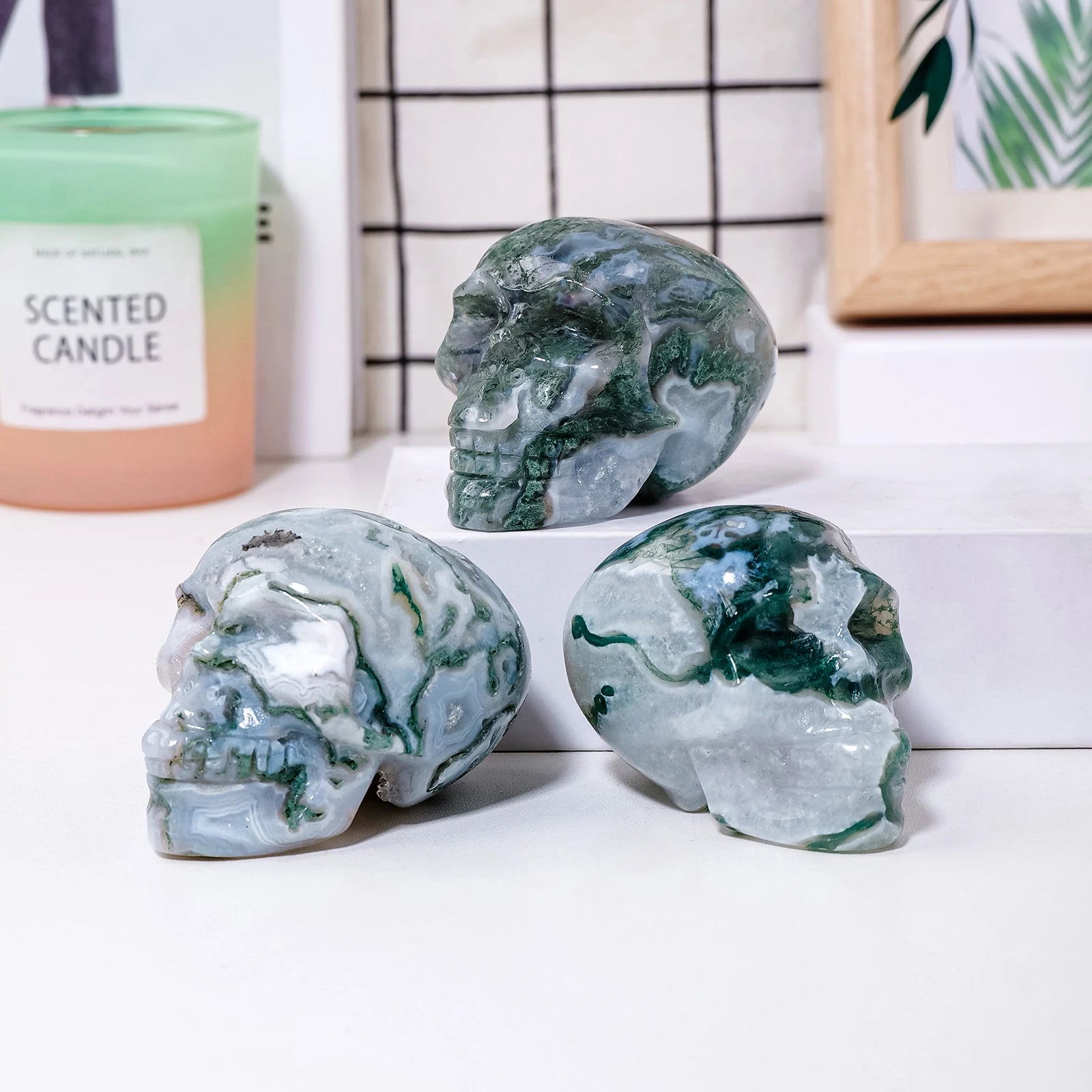 Natural Moss Agate Crystal Skull - Hand Carved Healing Stone for Reiki, Meditation & Home Decor - Unique Spiritual Gift for Collectors & Crystal Enthusiasts (Perfect for Altars, Yoga Spaces & Office Desk Decor)