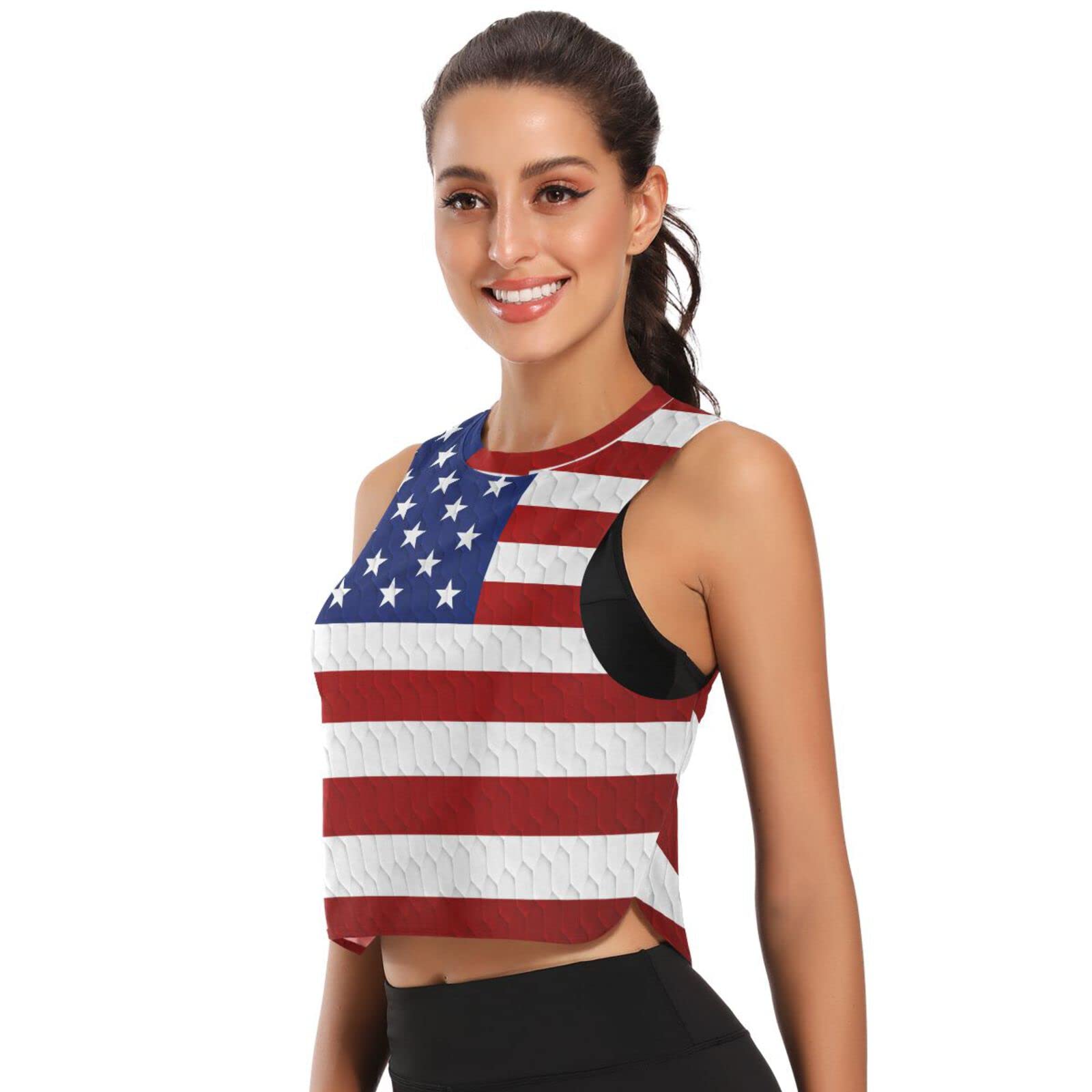 American Flag Women's Sleeveless Crop Top - Athletic Running Tank Top for Workout & Patriotic Events | Gym, Jogging, 4th of July Outfit