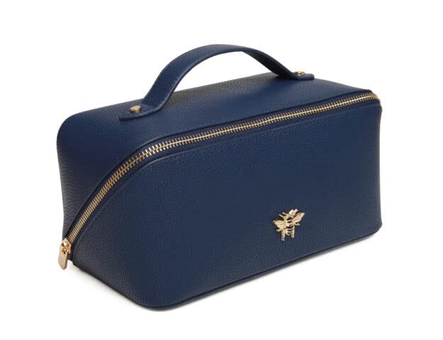 Alice Wheeler London Luxury Train Case Vanity Toiletry Bag - Navy Blue Makeup Organizer for Women | Perfect for Travel, Bridal & Professional Makeup Artists