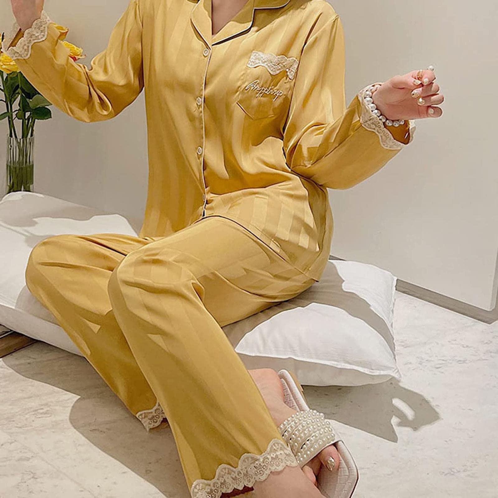 Women's Lace Silk Satin Pajama Set - 2-Piece Long Sleeve Comfortable Sleepwear Loose Fit Button Down PJs for Lounge & Bedtime | Perfect for Relaxing at Home, Gift Giving & Special Occasions