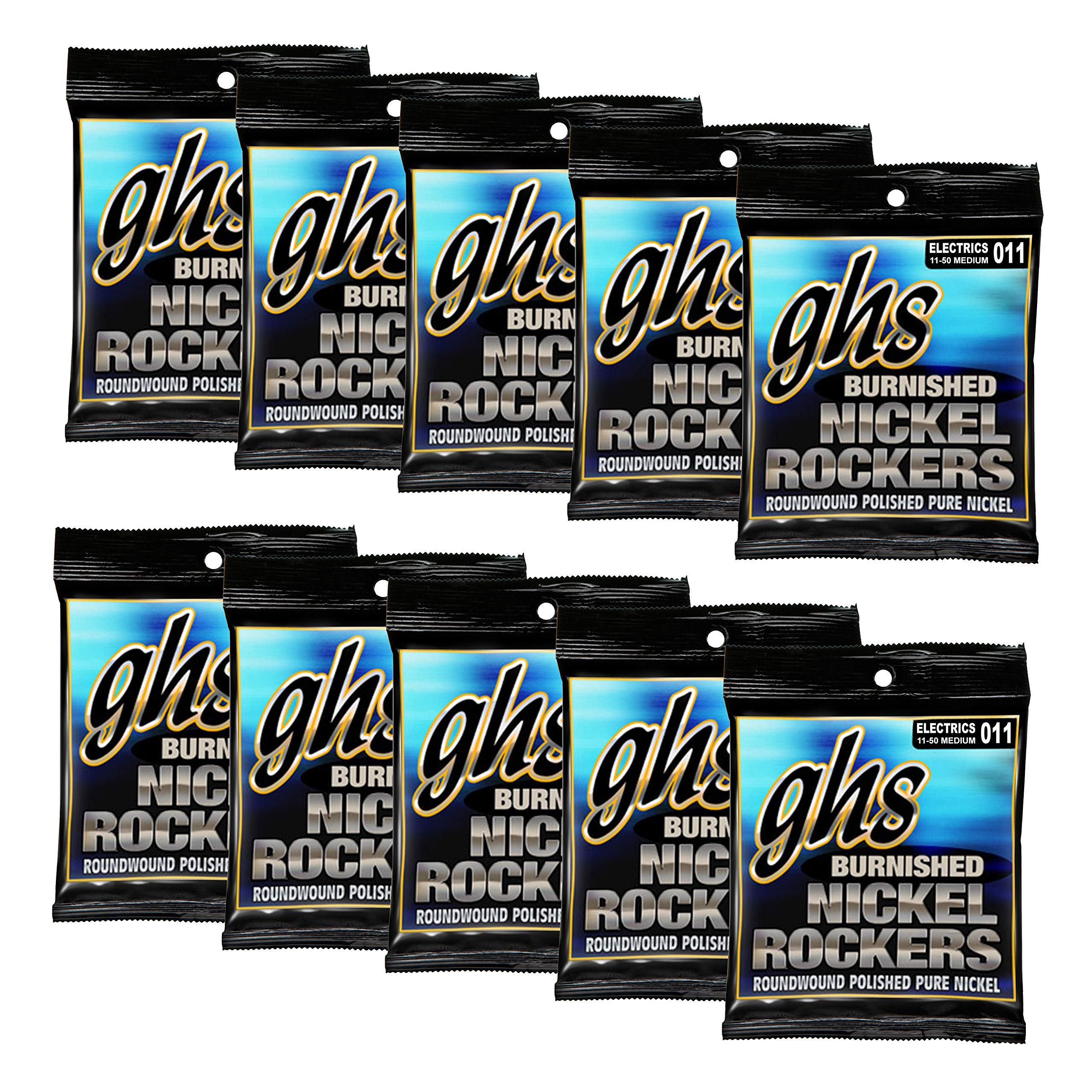 GHS BNR-M Electric Guitar Strings - 10 Pack Burnished Nickel Rockers, Polished Pure Nickel (11-50 Medium Gauge) - Perfect for Rock, Blues & Studio Recording