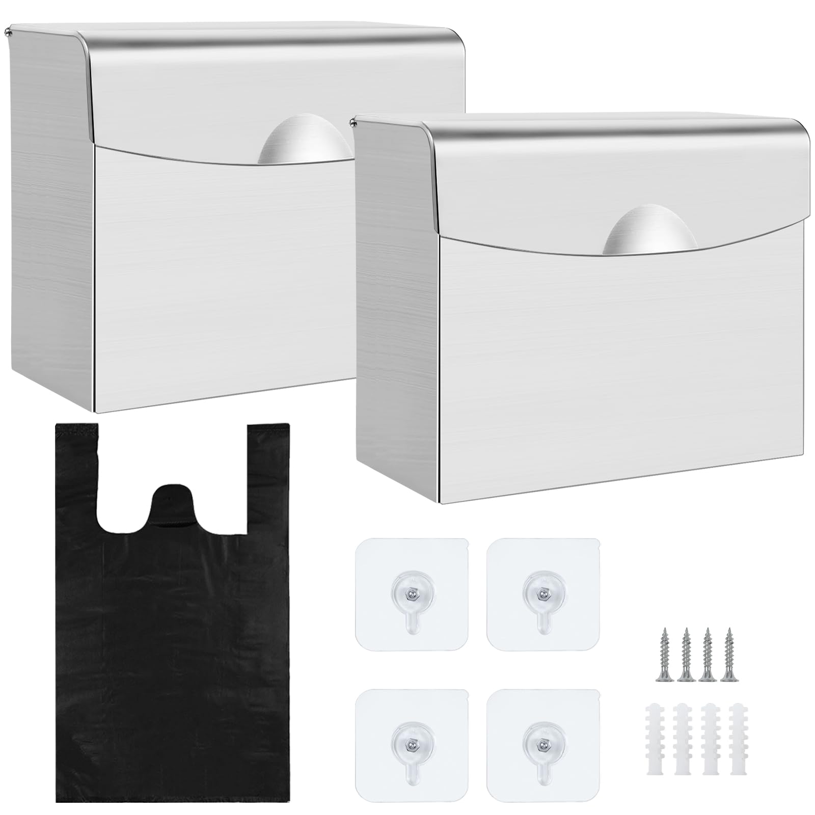 2 Pack Stainless Steel Feminine Hygiene Disposal Bin - Wall Mounted Sanitary Napkin & Tampon Waste Container with 100 Disposal Bags | Ideal for Bathrooms, Restrooms, and Public Washrooms