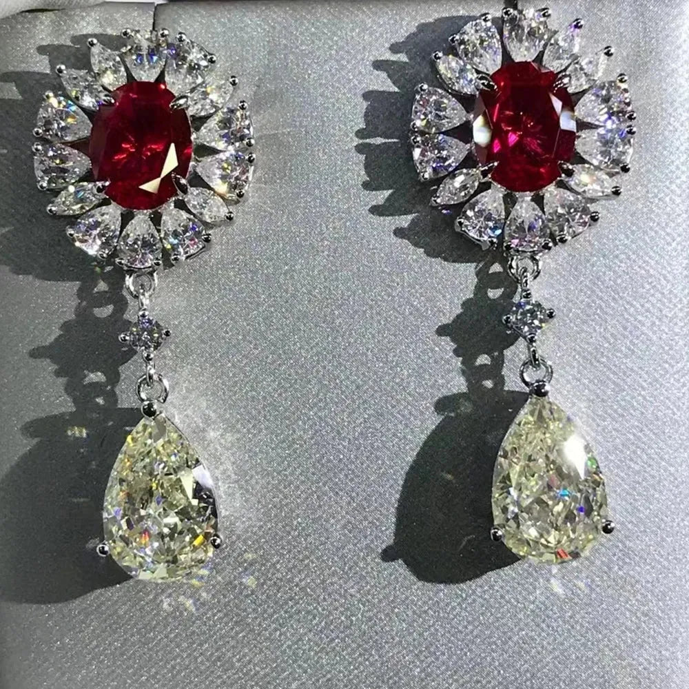 WUIHA 925 Sterling Silver Platinum Plated 12CT Ruby & Sapphire Moissanite Drop Earrings for Women - Elegant Dangle Jewelry Gift for Birthday, Anniversary & Special Occasions