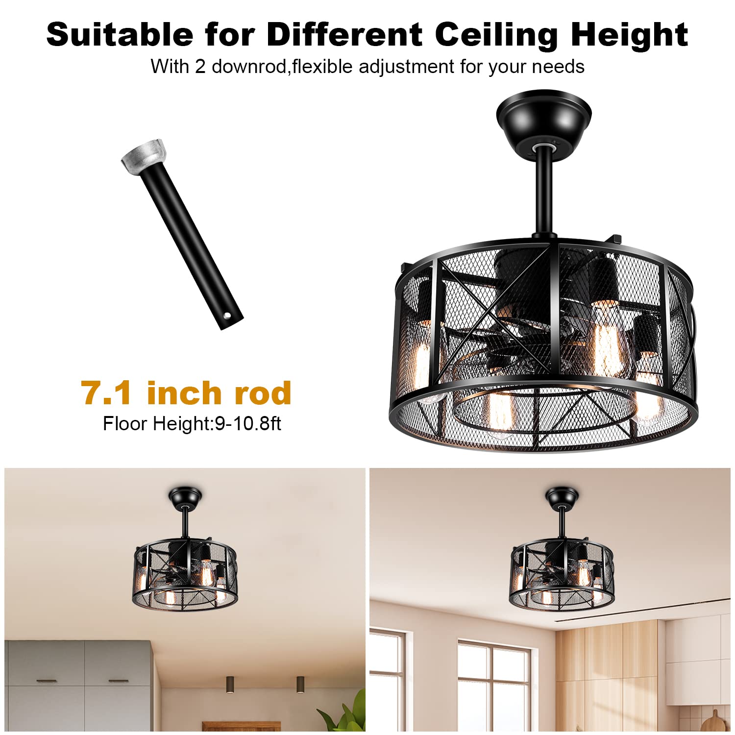 LEDMO Caged Ceiling Fan with Light & Remote - Adjustable Speed Black Industrial Fan for Kitchen, Bedroom, Farmhouse