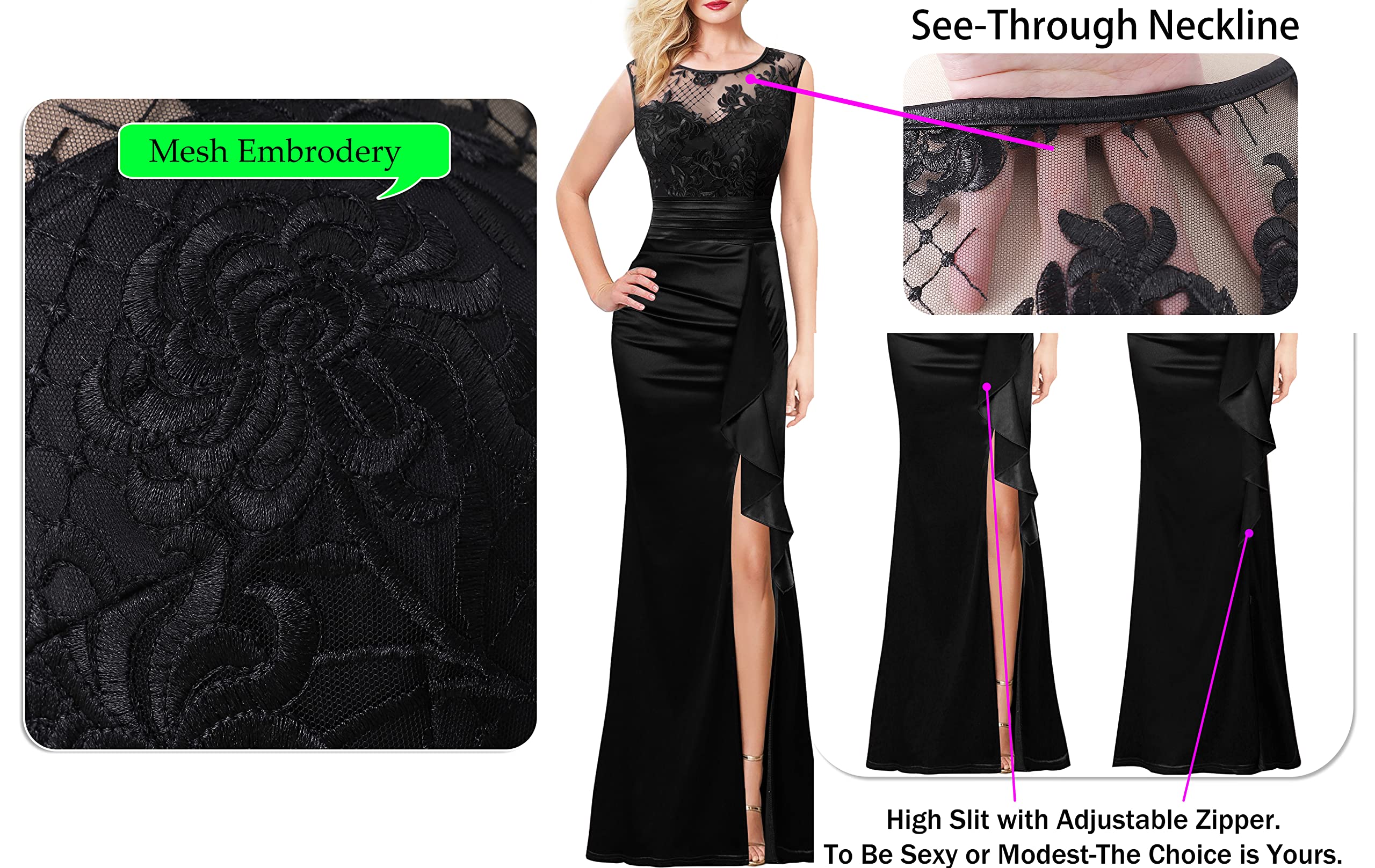 VFSHOW Women's Formal Ruched Ruffles Evening Prom Wedding Party Maxi Dress - Elegant Long Gown for Special Occasions, Dinners & Celebrations