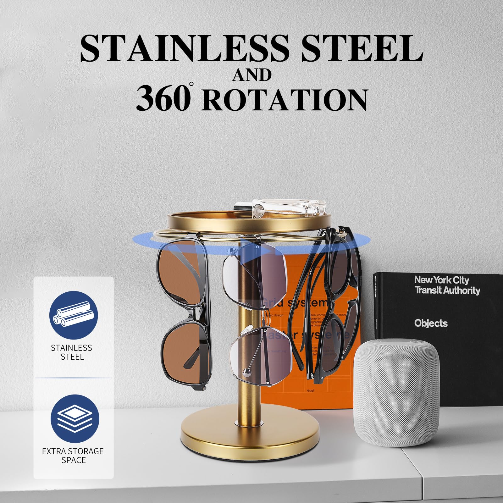 360° Rotating Sunglass Organizer - Stainless Steel Glasses Holder Stand with Tray for Desk, Dresser & Nightstand | Space-Saving Eyewear Storage for Home & Office Decor (Gold)