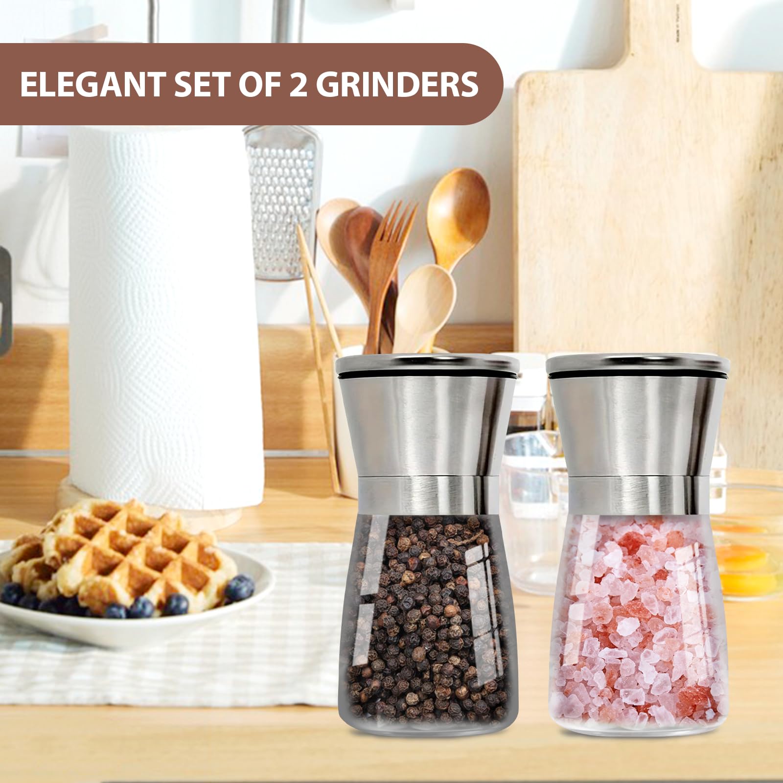 Premium Stainless Steel Salt and Pepper Grinder Set - Adjustable Coarseness, Refillable Manual Spice Mill for Kitchen, Dining Table & Outdoor BBQ | Perfect for Home, Restaurant & Camping Use
