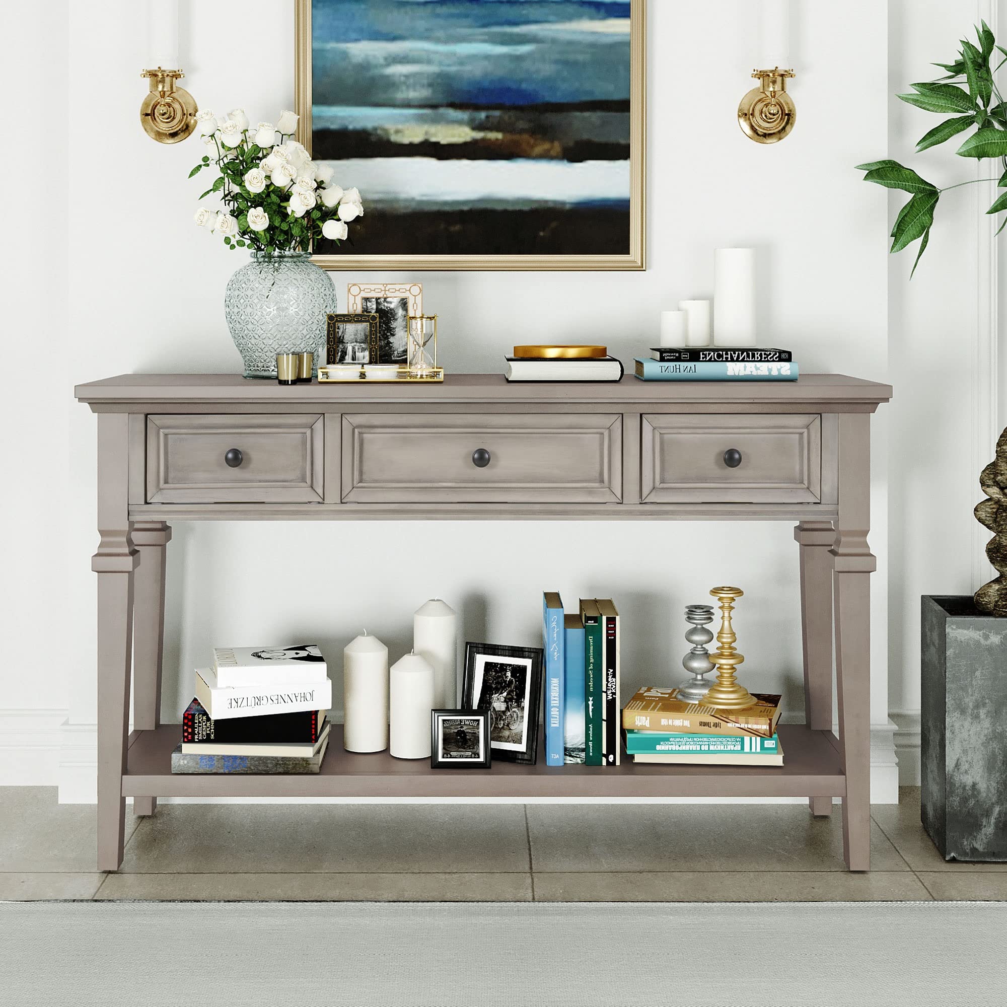 Classic Retro Console Table with 3 Drawers & Open Shelf - Grey Wash Sofa Table for Living Room, Bedroom, Entryway - Perfect for Hallway Decor & Small Space Storage