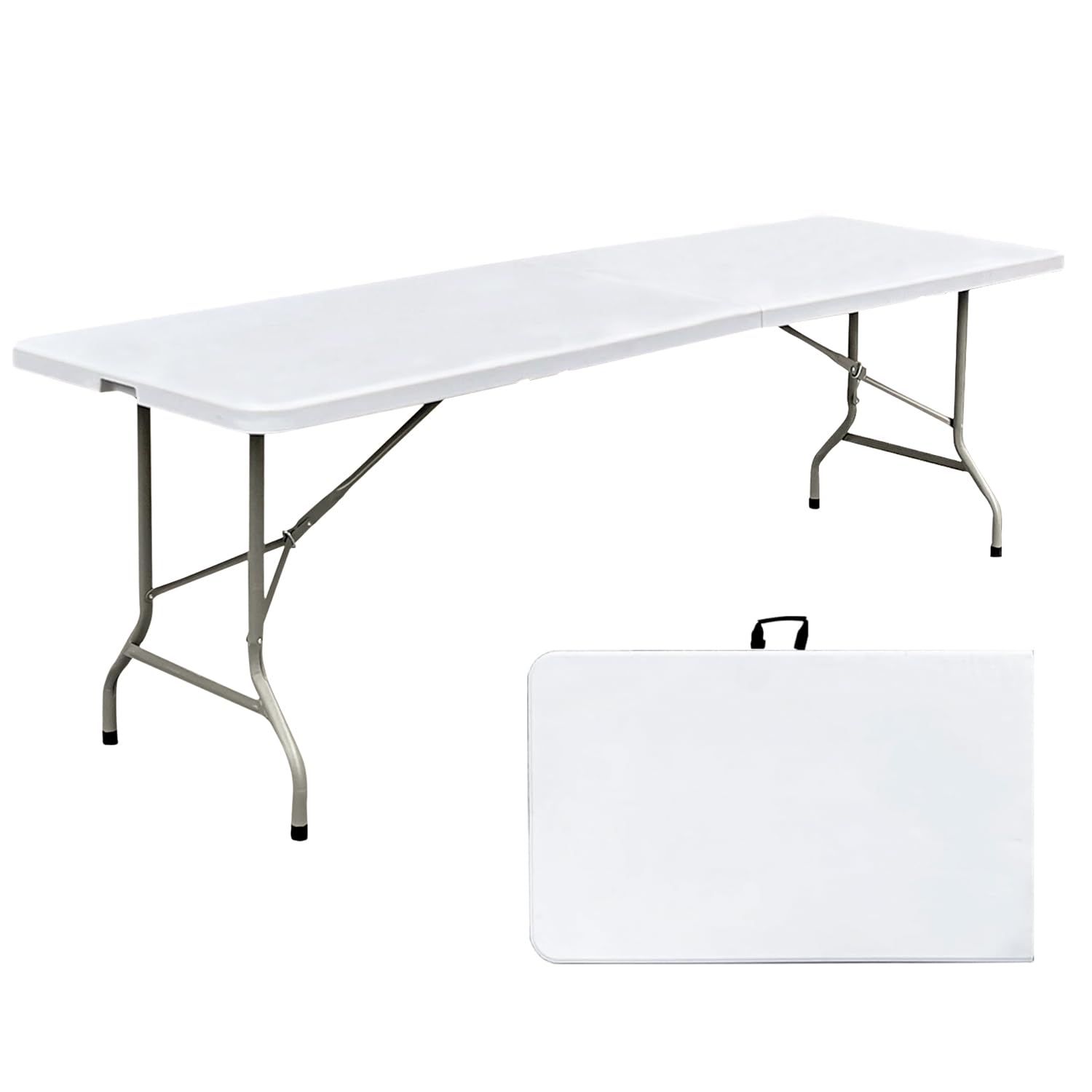8 Foot Folding Table - Heavy Duty Portable 8ft Plastic Foldable Table with Handle for Indoor & Outdoor Use - White 8' Dining Table for Picnic, Party, Camping, BBQ, Tailgating and Events