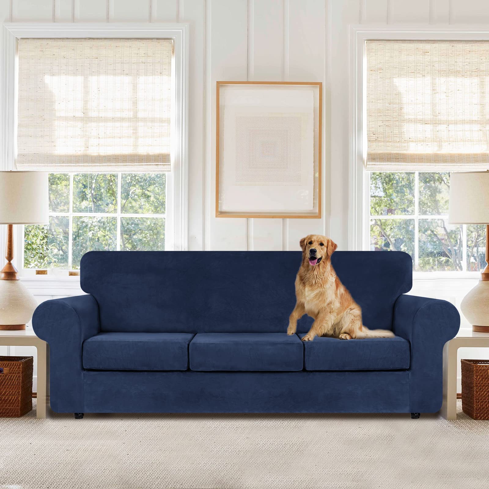 4-Piece Navy Blue Velvet Stretch Sofa Slipcover Set - Soft Plush Washable Couch Cover with Non-Slip Elastic Bottom for 3-Cushion Couches - Perfect for Living Room Furniture Protection & Home Decor Upgrade