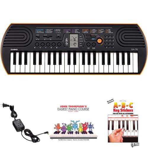 Casio SA-76 61-Key Portable Keyboard Bundle for Beginners - Includes Power Adapter, Keyboard Stickers & Instruction Book - Perfect for Home Learning, Music Classes & Gift Giving