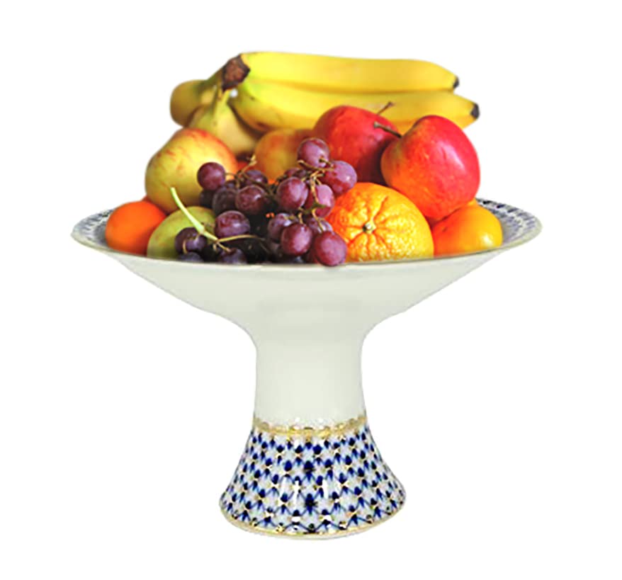 Lomonosov Porcelain Fruit Vase - Elegant Cobalt Blue Net Design, 11.3 Inch Diameter - Perfect for Home Decor, Table Centerpiece & Gift Giving