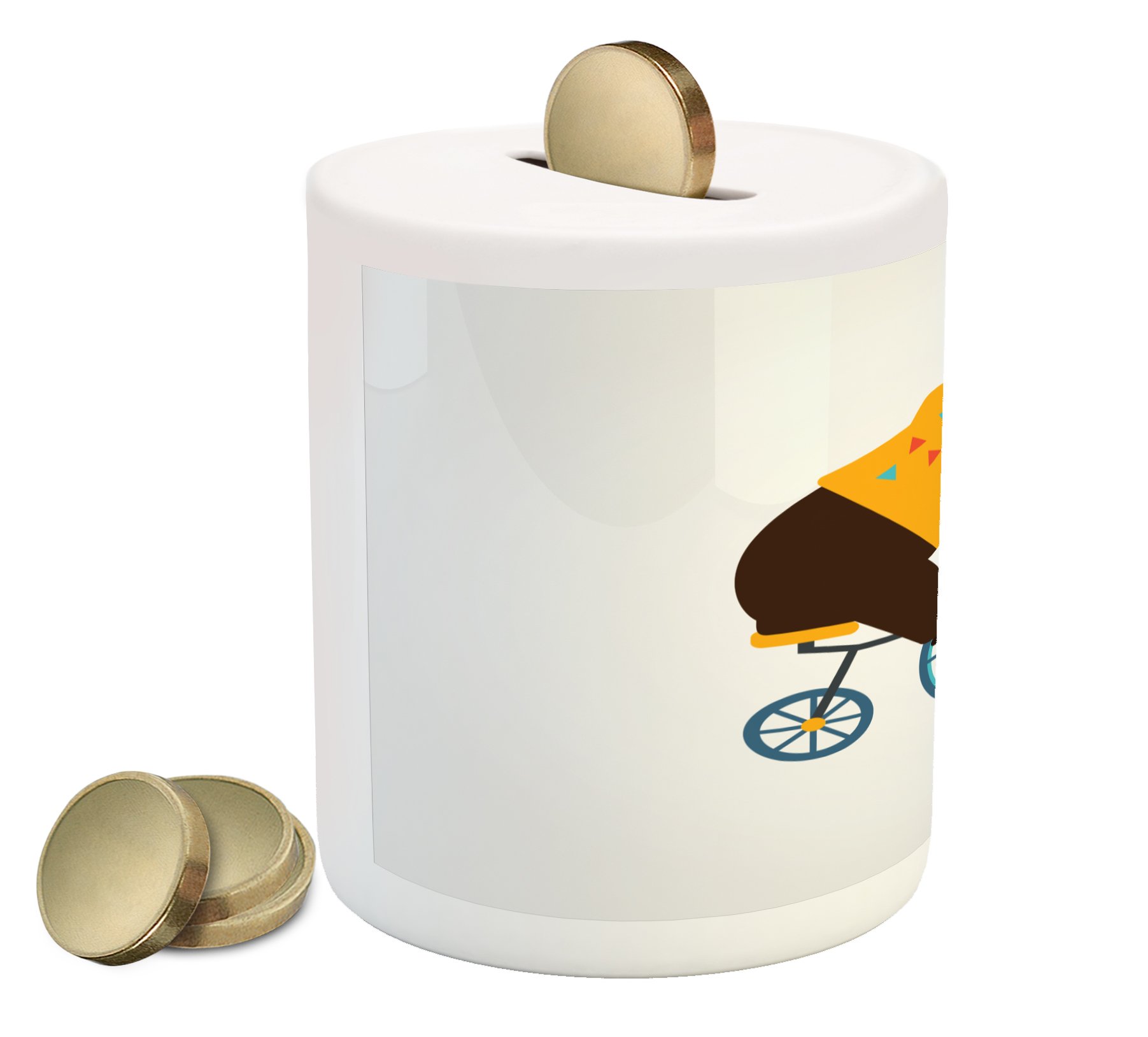 Ambesonne Ceramic Piggy Bank - Circus Teddy Bear Riding Bicycle with Hipster Costume Design - Brown & Yellow Coin Bank for Cash Savings | Perfect Gift for Kids, Collectors & Home Decor