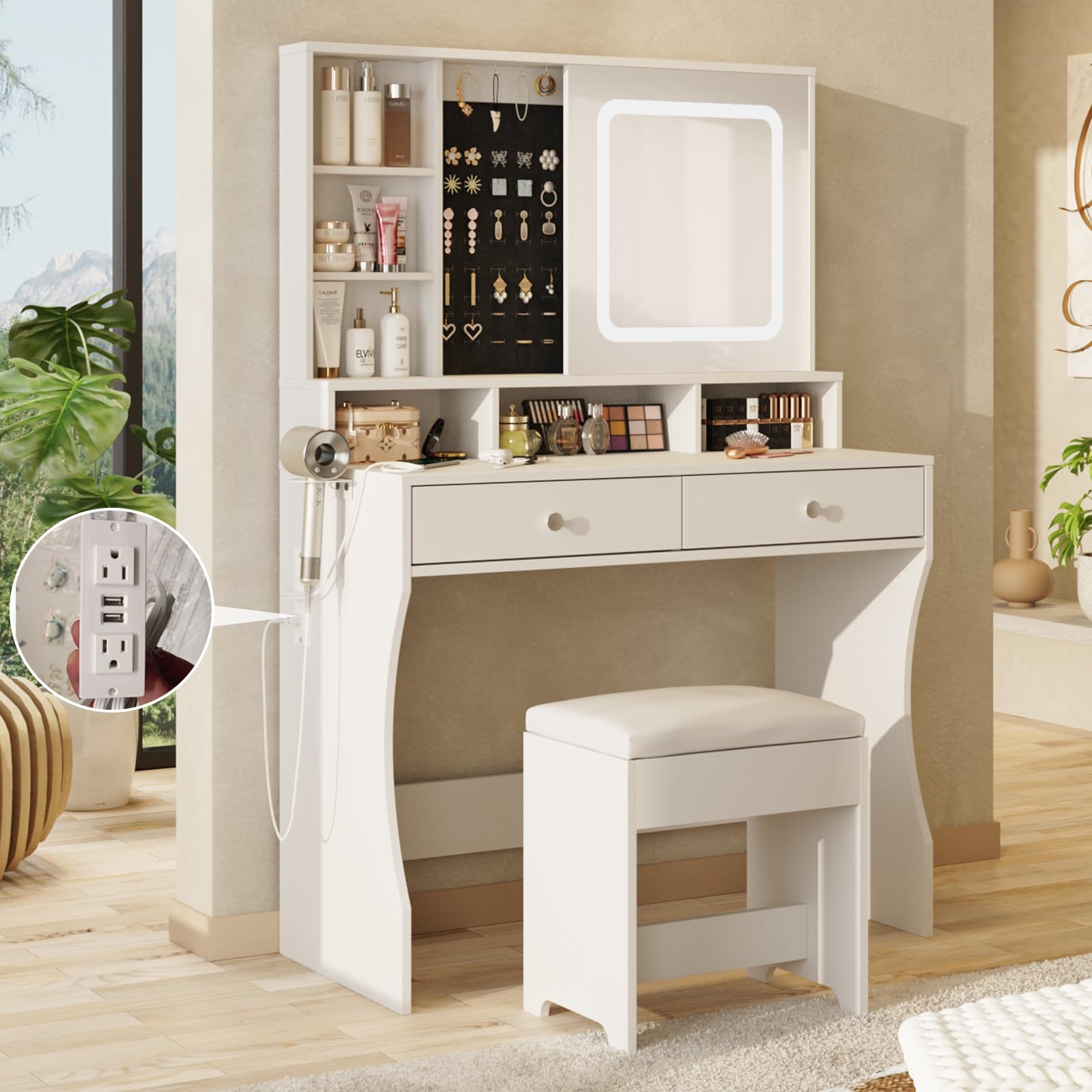 Vabches White Vanity Desk with LED Lights & Mirror - Makeup Dressing Table with Sliding Mirror, Jewelry Storage & 2 Drawers - Perfect for Bedroom, Dressing Room & Home Beauty Station