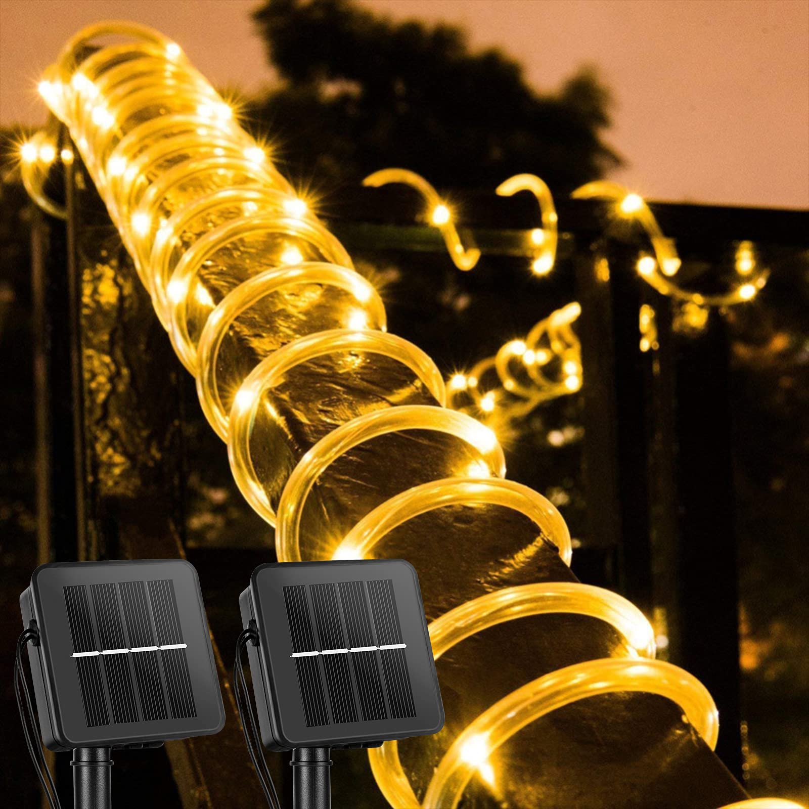 100 LED Solar Rope String Lights Outdoor 2 Pack - 39 Feet Waterproof Solar Powered Fairy Lights with 8 Lighting Modes, Copper Wire PVC Tube Lights for Garden, Wedding, Party & DIY Decor (Warm White) - Perfect for Patio, Backyard, Fence, Pergola and Holiday Decorations