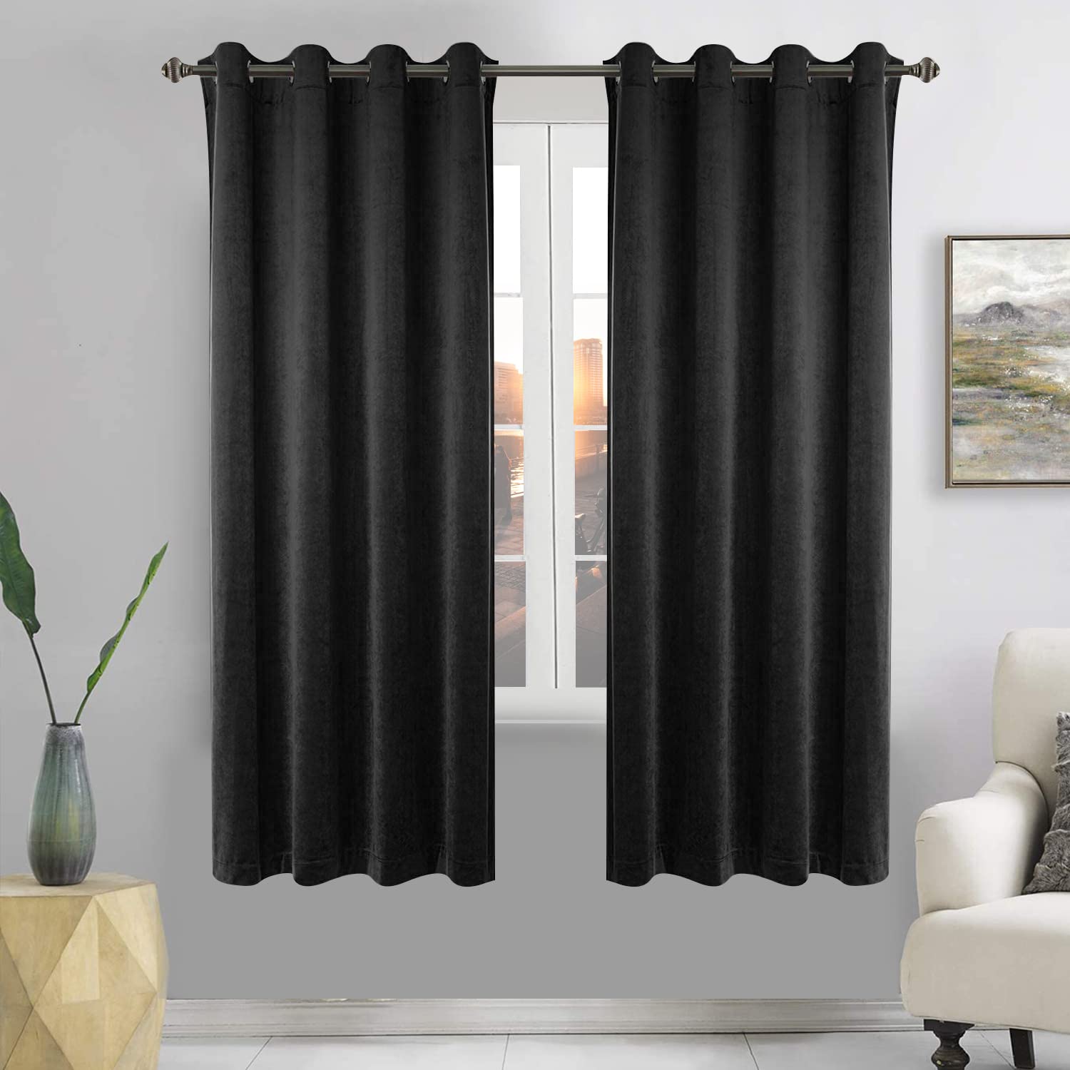 SNITIE Black 63 Inch Blackout Velvet Curtains with Grommet - Thermal Insulated Noise Reducing Thick Drapes for Living Room & Bedroom (Set of 2 Panels, 52x63 Inches) - Perfect for Home Theater, Nursery & Office Privacy