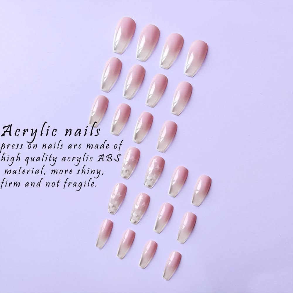 SINLOV 24pcs Coffin Press on Nails - Nude Gradient False Nails with Butterfly Design, Long Ballerina Artificial Nails for Women & Girls, Full Cover Fake Nails Tips (Pink 5) - Perfect for Parties, Weddings, and Daily Wear