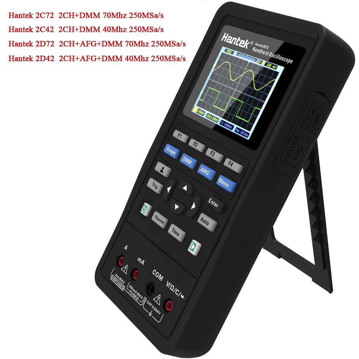 Hantek 2D72 3-in-1 Digital Oscilloscope, Waveform Generator & Multimeter - 70MHz 2-Channel, 250MSa/s, USB Portable Multifunction Tester for Electronics Repair, Circuit Testing & Engineering Labs