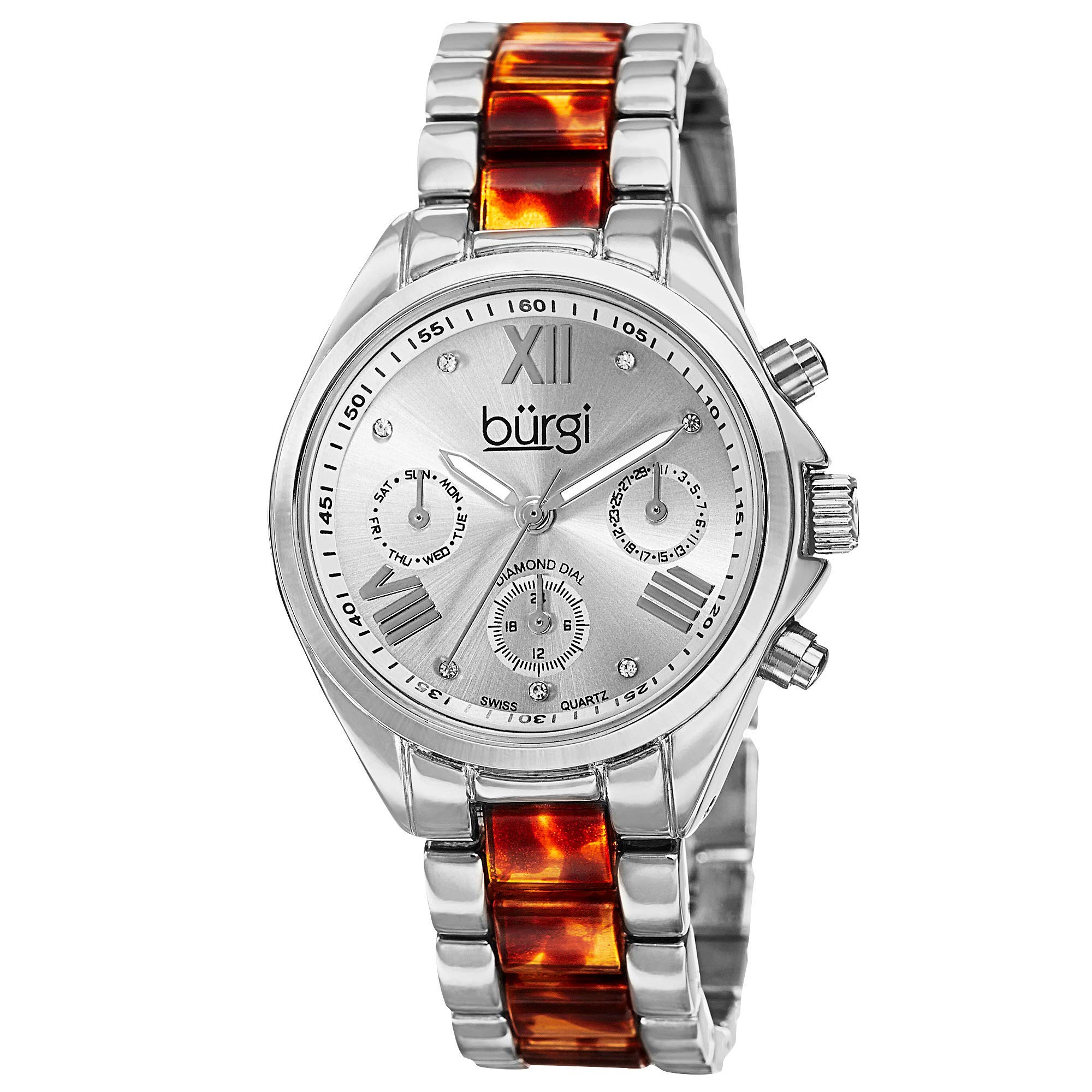 Burgi Women's Diamond Watch - 3 Subdials Sunray Dial with 7 Genuine Diamonds, Stainless Steel & Resin Bracelet - BUR130 - Perfect for Office, Party & Everyday Wear