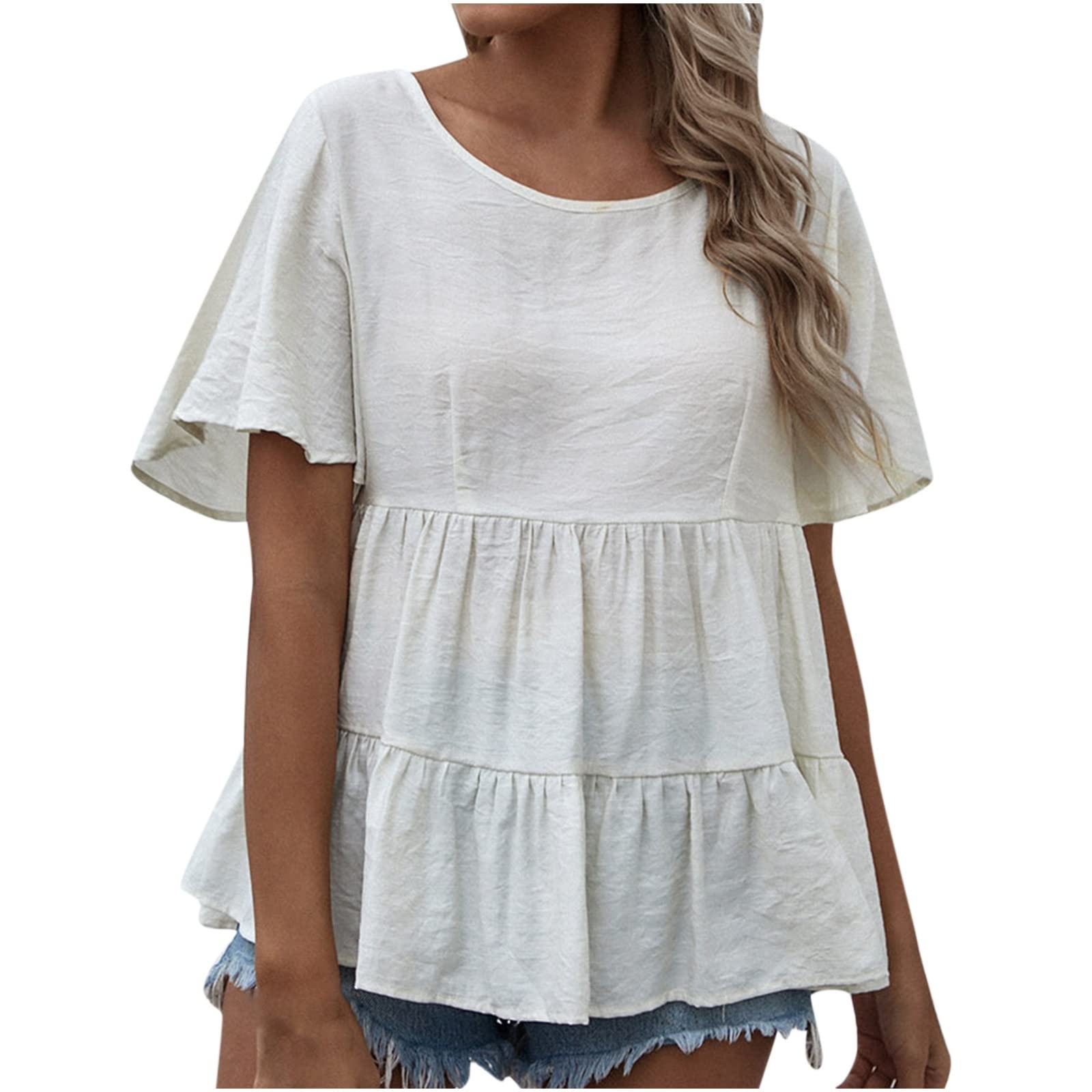 Women's Summer Casual Smocked Tiered Tunic Top - Trendy Ruffle Short Sleeve Crewneck Blouse for Work & Office Wear | Perfect for Business Casual, Date Night & Summer Outfits