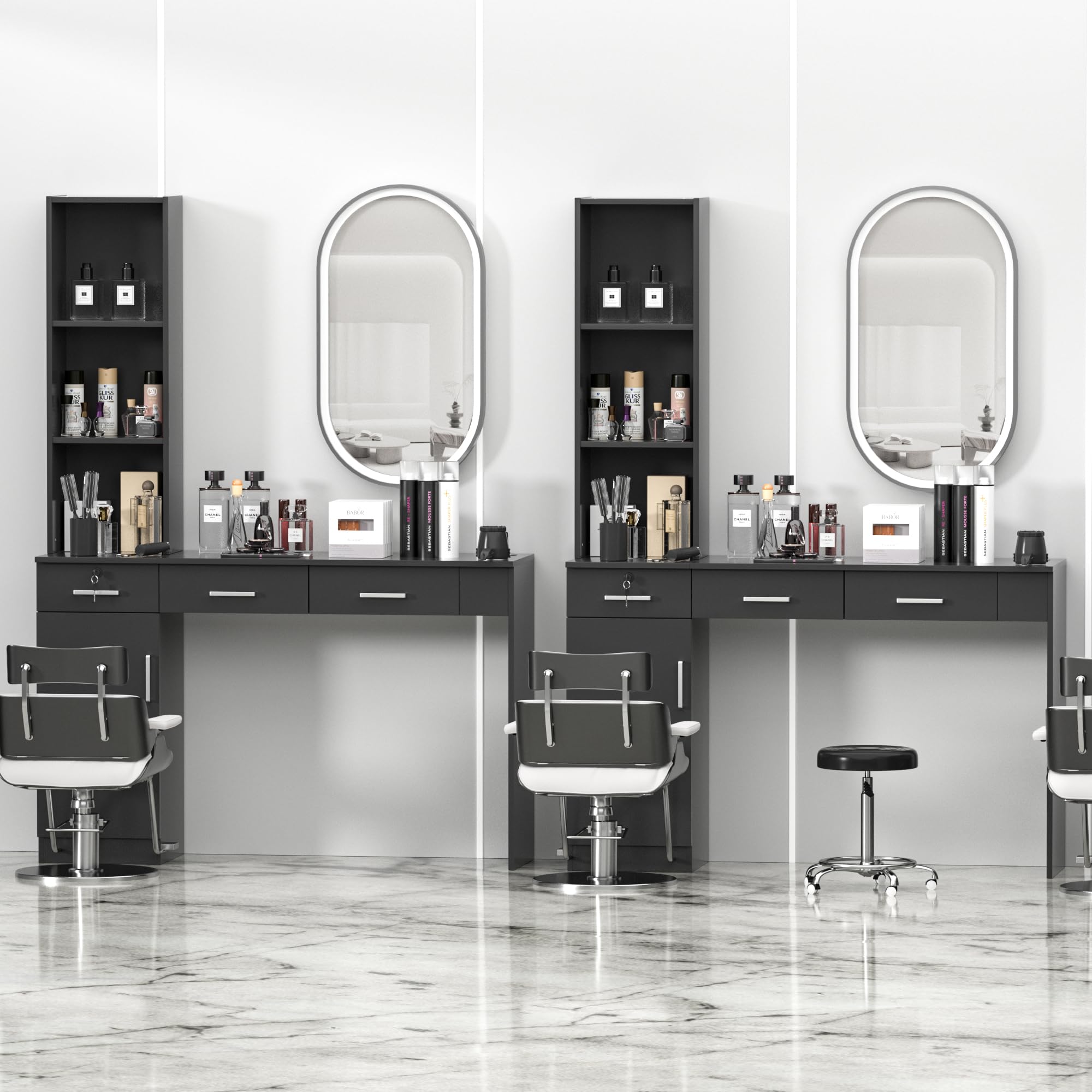 Professional Barber Salon Work Station - Hair Stylist Organizer Cabinet with Storage for Home & Beauty Salon Equipment | Durable Barbershop Furniture in Black | Perfect for Small Spaces & Mobile Stylists