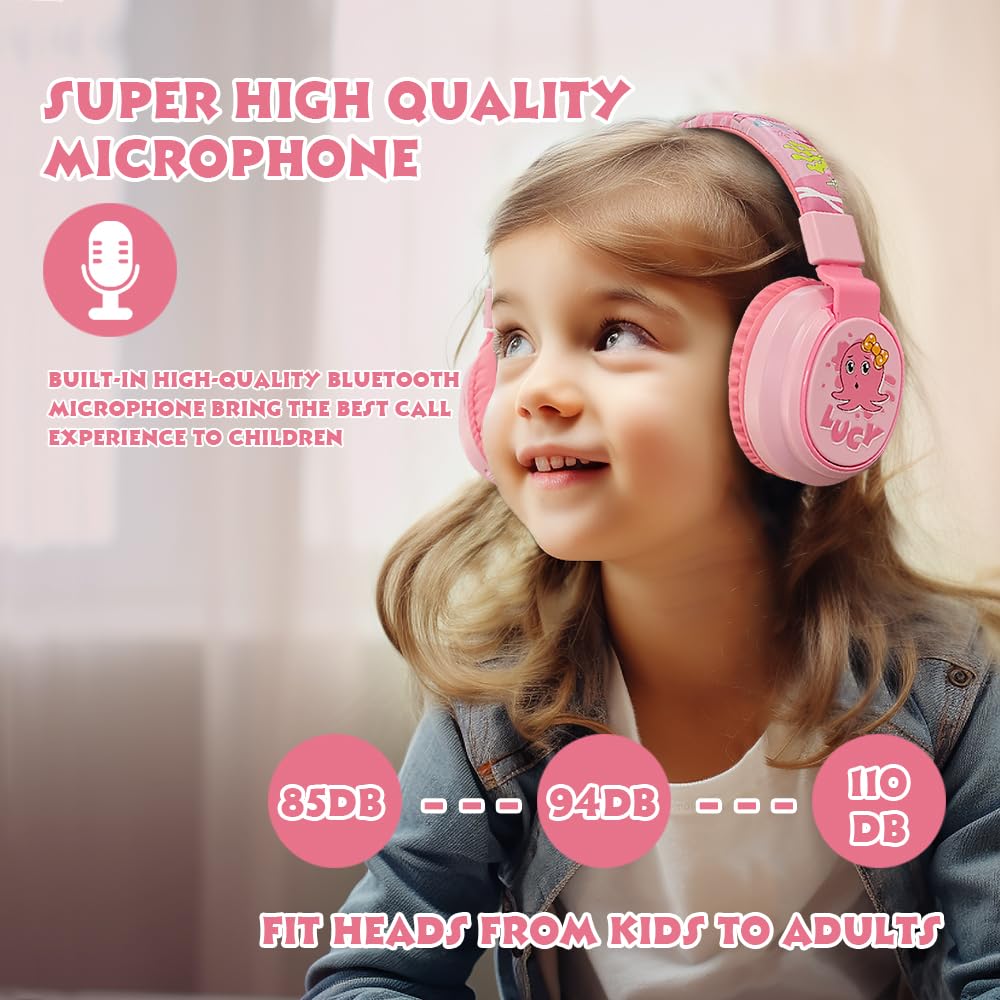 MIDOLA Kids Wireless Bluetooth Headphones with Volume Limit (85dB/110dB) - Foldable Over-Ear Headset with Mic & AUX Cord for Boys & Girls - Safe for School, Tablet, Phone, Travel & Home Use (Cartoon Pink)