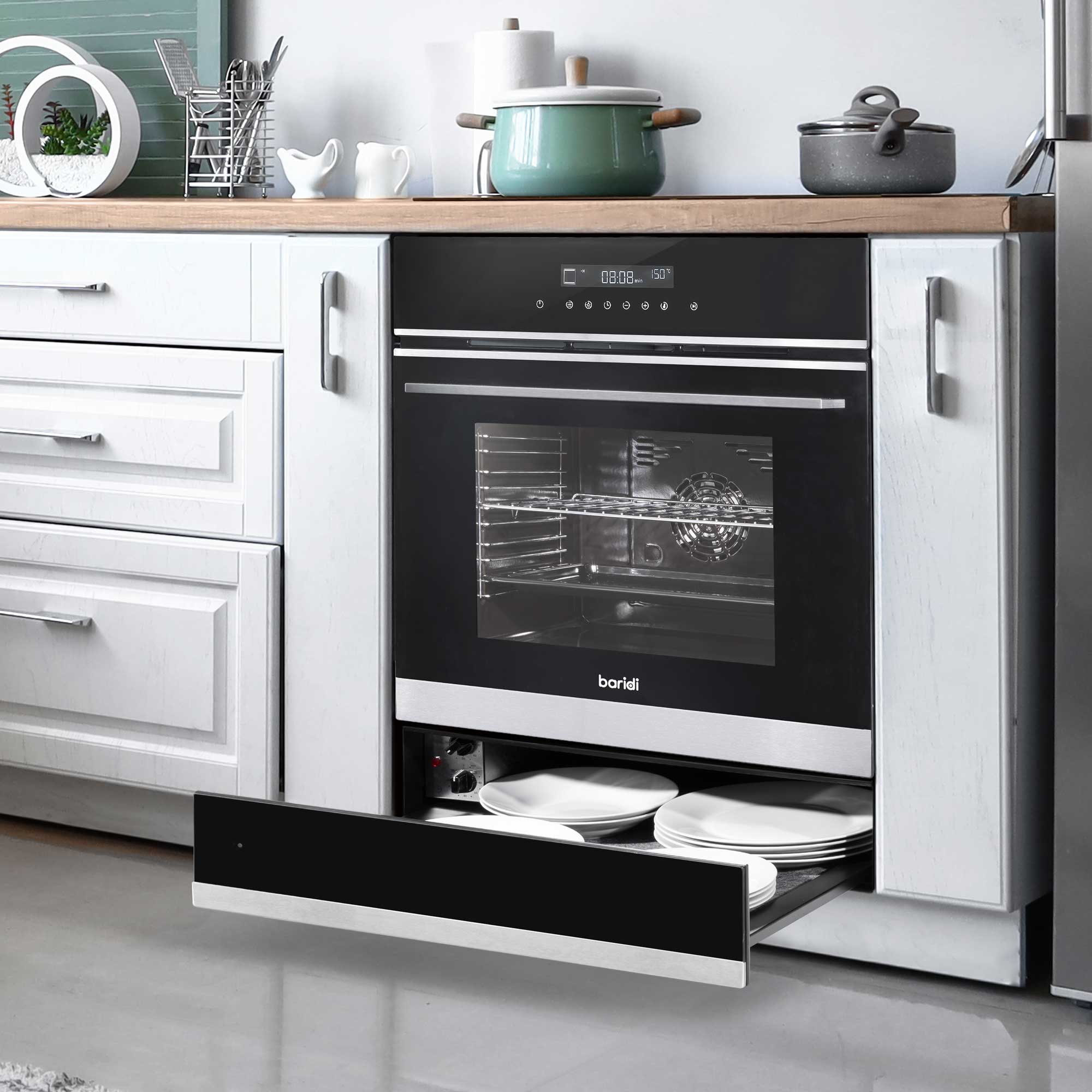 Baridi 60cm Built-In Warming Drawer with Push-to-Open Technology, Anti-Slip Mat - Black/Stainless Steel (DH202) - Perfect for Kitchen, Restaurant & Buffet Food Warming