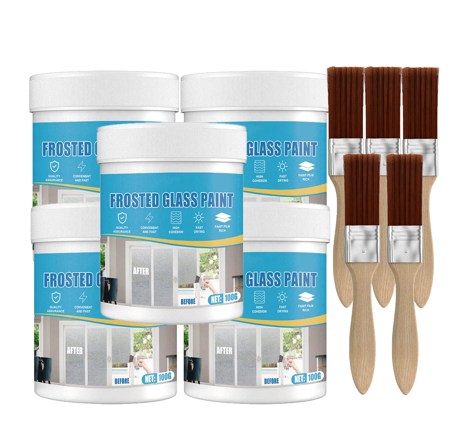 Frosted Glass Spray Paint Kit - Waterproof & UV Matte Hazy Finish for Windows, Doors, and Glass Surfaces - Includes 5 Cans (100g Each) + 5 Brushes - Perfect for Privacy, Decoration, and Light Diffusion in Homes, Offices, and Commercial Spaces