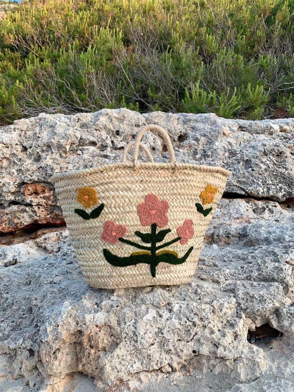 Hand Embroidered Market Basket with Floral Design - Eco-Friendly Cotton Tote Bag for Grocery Shopping, Picnics & Farmers Market - Perfect for Organic Produce & Beach Essentials