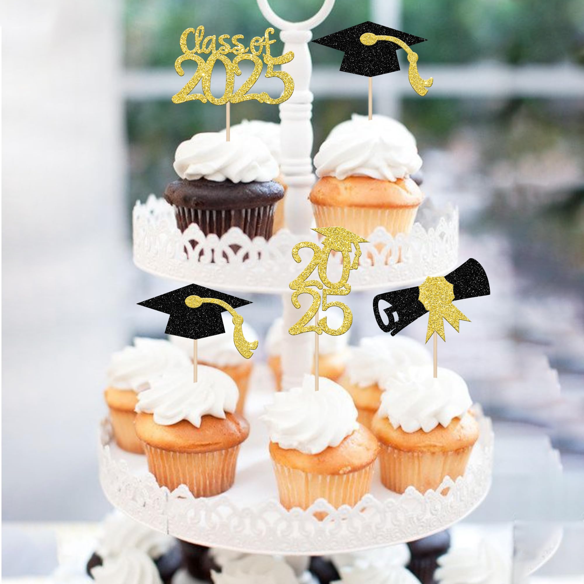 36 PCS 2025 Graduation Cupcake Toppers - Glitter Diploma & Grad Cap Decorations for Class of 2025 - Gold Cake Topper Picks for Graduation Party, School Celebration & Dessert Decor