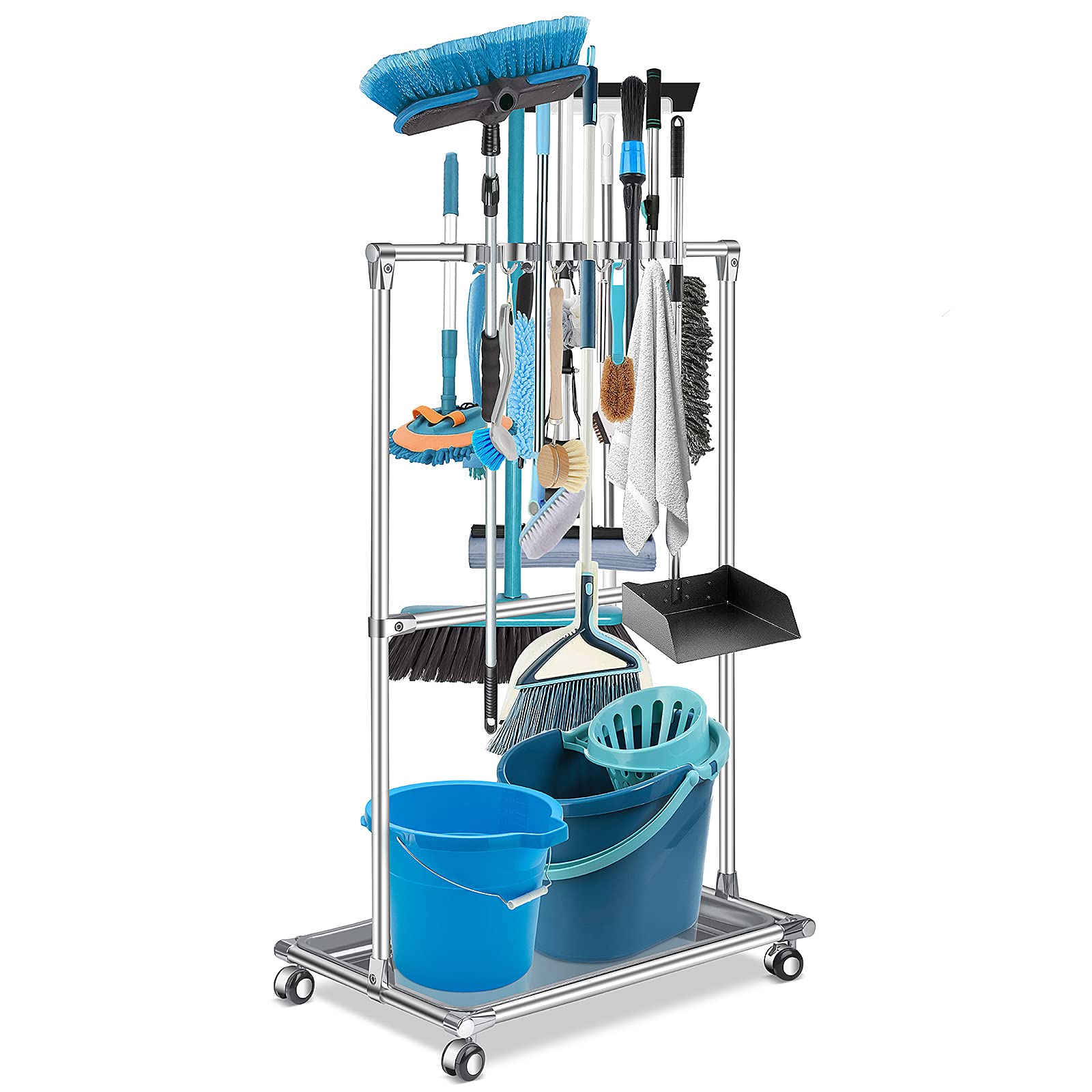 Adjustable Broom Holder Organizer - Wall Mounted or Freestanding Mop Rack for Closet, Garage & Utility Room Storage - Heavy Duty Cleaning Tool Cart for Schools, Hotels, Hospitals, Restaurants (10 Hooks) - Perfect for Organizing Brooms, Mops & Cleaning Supplies in Homes & Commercial Spaces