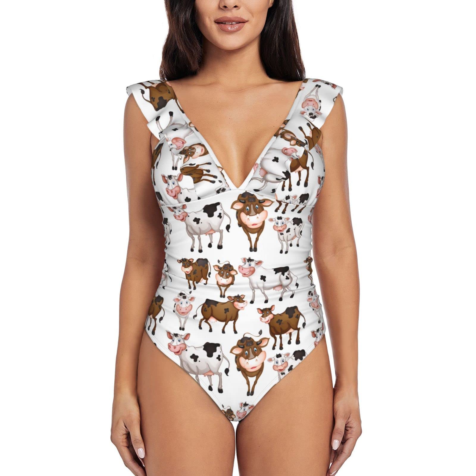 Women's One Piece Swimsuit with Cow Print & Ruffle Detail - Sexy Bathing Suit for Beach, Pool Party & Summer Vacation