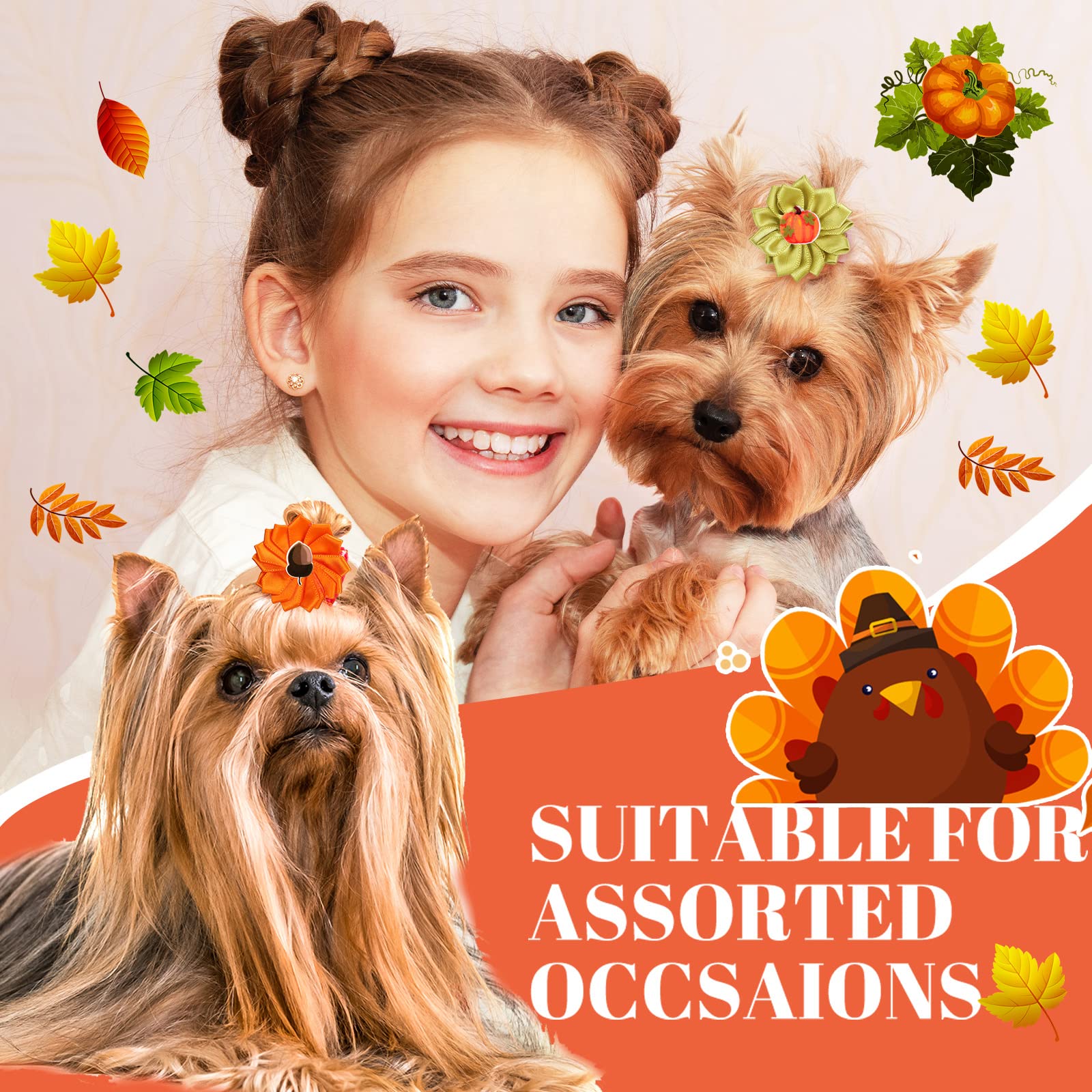 60 Pack Fall Dog Hair Bows with Rubber Bands - Thanksgiving Flower Bows for Small to Large Dogs & Cats - Pet Grooming Accessories for Puppies & Pets - Perfect for Autumn Photos & Holiday Celebrations