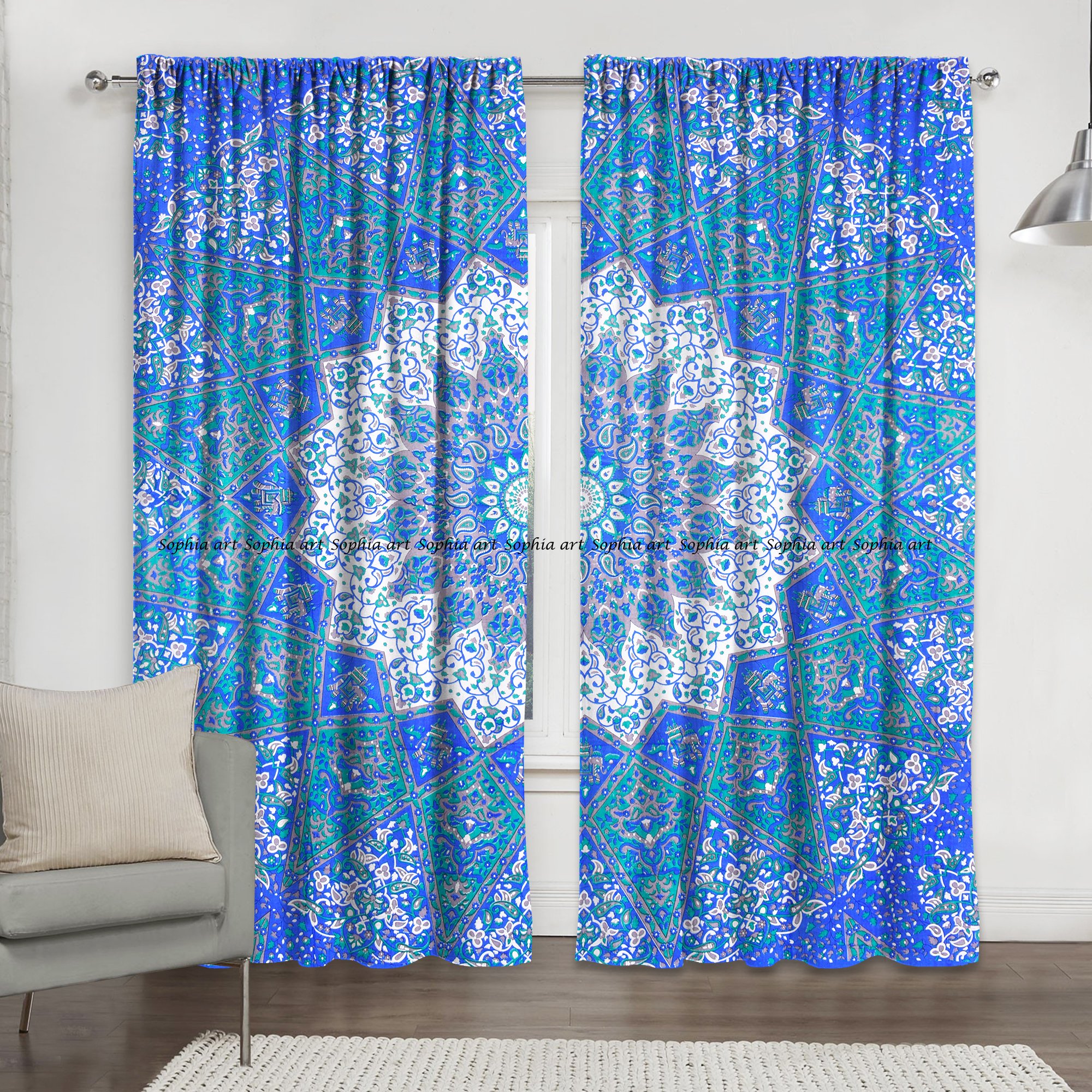 Sophia-Art Bohemian Mandala Tapestry Curtains Set of 2 - Indian Multi Star Hippie Window Panels 82