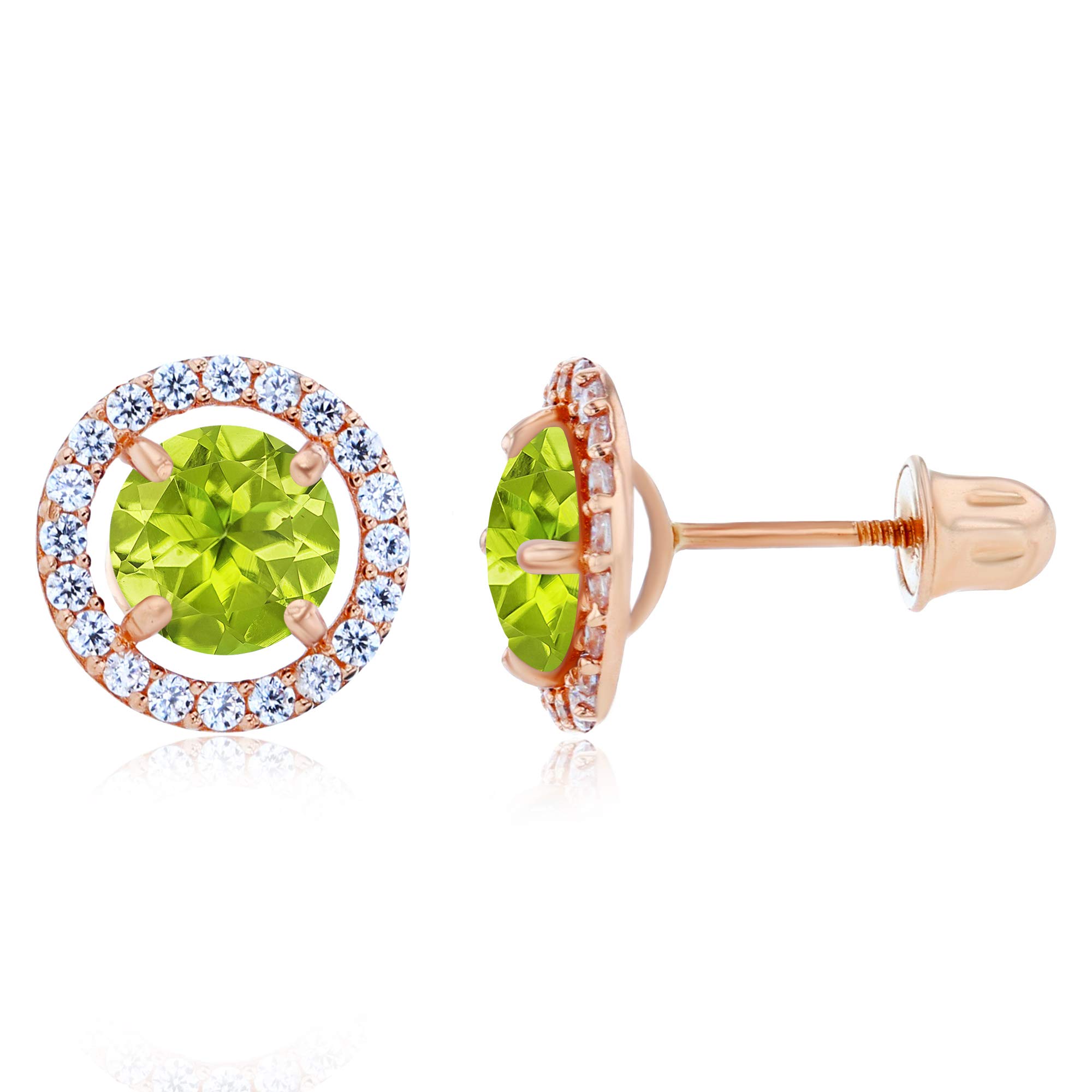 14K Solid Gold 8mm Halo Natural Birthstone Screwback Stud Earrings for Women | 5mm Round Birthstone with 1mm White Sapphire Halo | Perfect for Birthdays, Anniversaries & Special Occasions