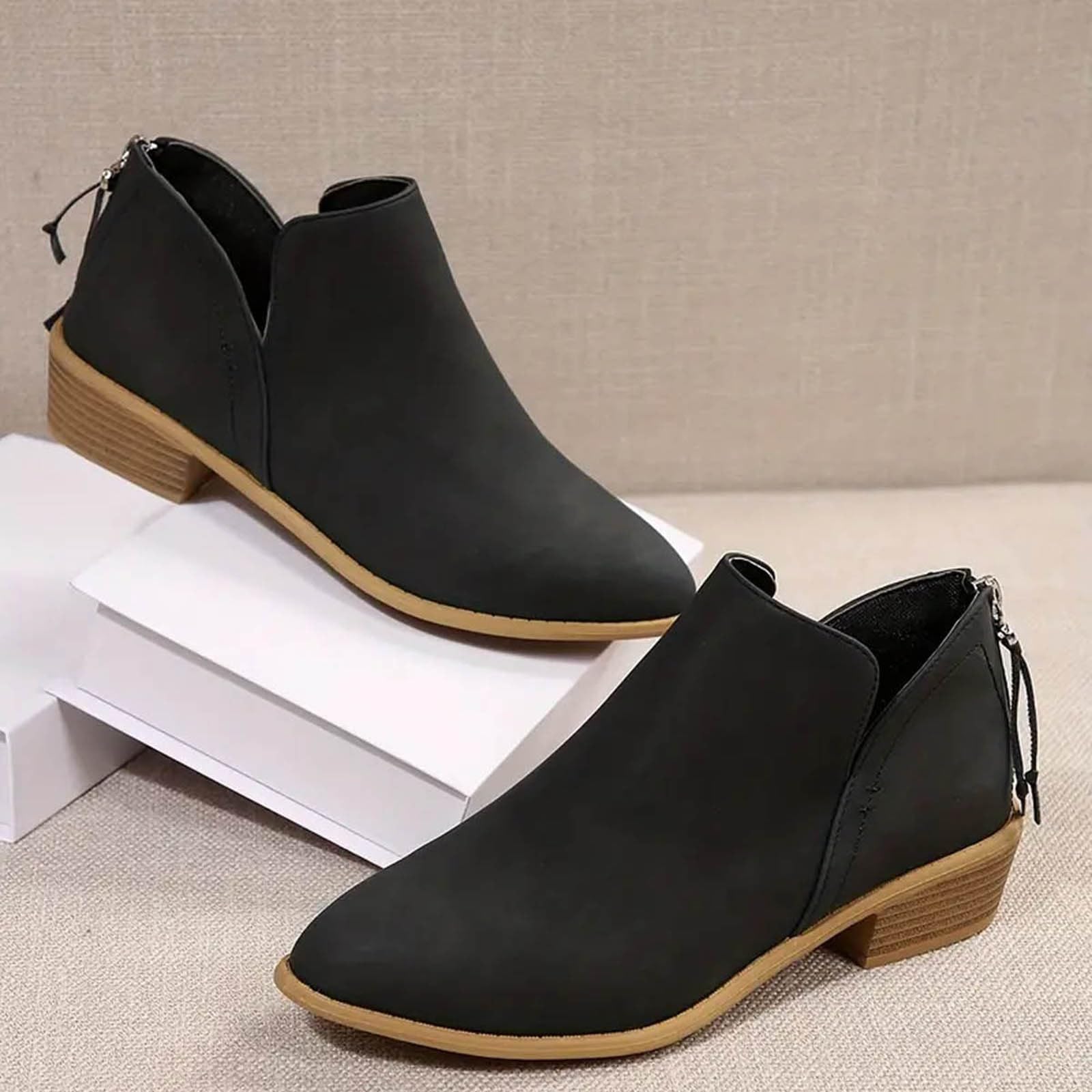 Women's Ankle Boots with Arch Support - Low Heel Lace Up & Zipper Booties for Casual Walking | Slip On Black Short Boots with Ankle Support | Perfect for Outdoor Activities, Work & Everyday Wear