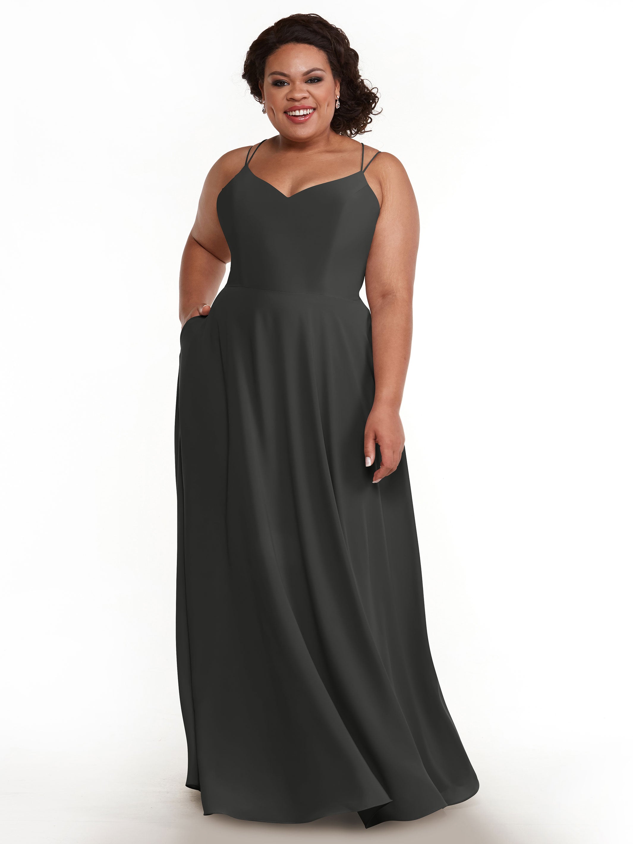 Elegant 83024 Stretch Chiffon A-Line Bridesmaid Dress with Pockets - Perfect for Weddings, Formal Events & Special Occasions