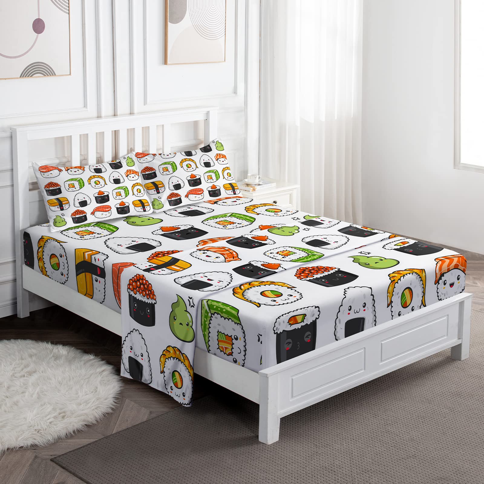 Jekeno Sushi Printed Full Size Bedding Set - 4 Piece Kids Bed Sheets with Fitted Sheet, Flat Sheet & 2 Pillowcases - Cute Japanese Food Themed Bedroom Decor for Boys Girls - Perfect for Themed Bedrooms, Sleepovers & Anime Lovers