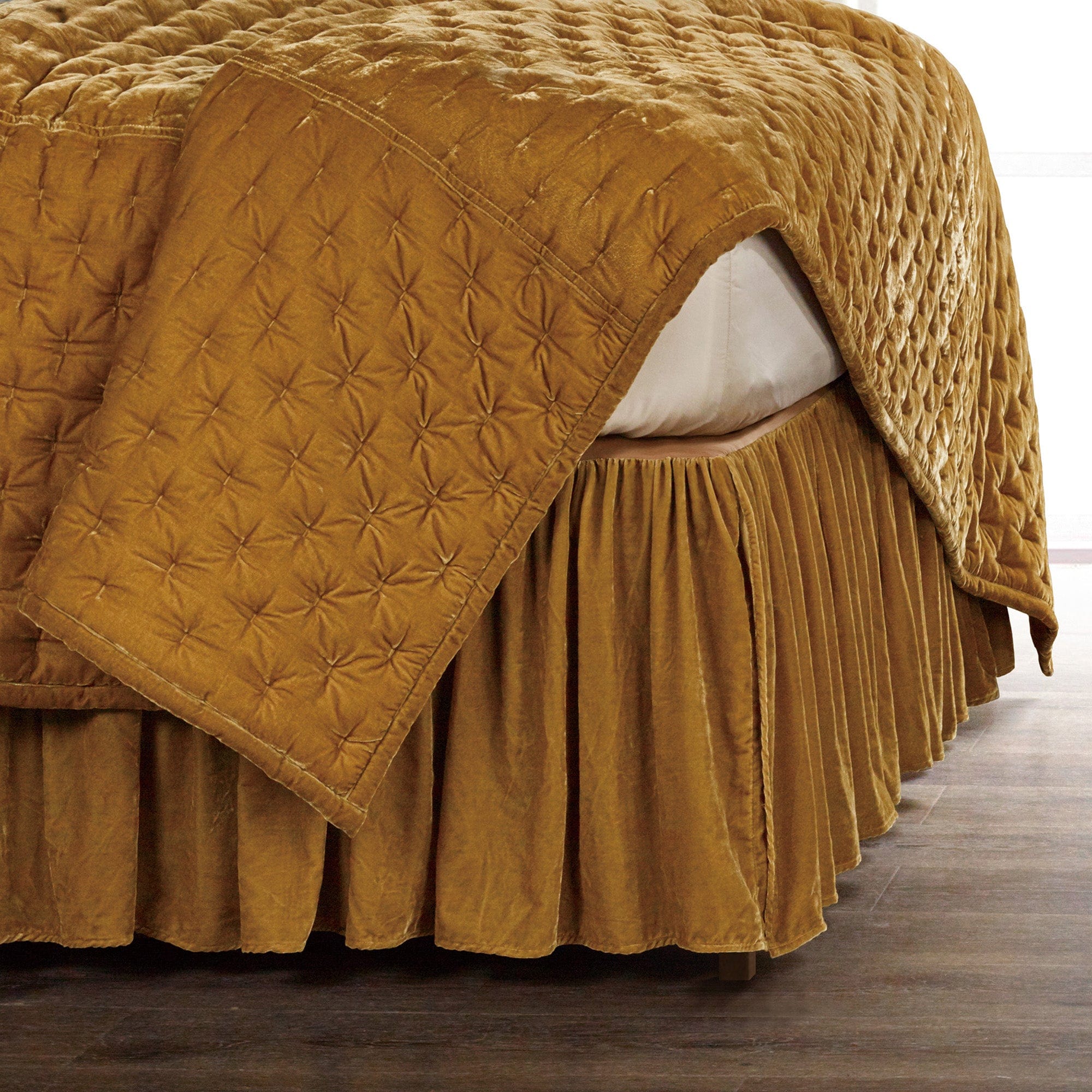 Stella Faux Silk Velvet Bed Skirt - Luxury Ruffled Bedding Dust Ruffle for Queen/King Size Beds - Perfect for Master Bedrooms & Guest Rooms
