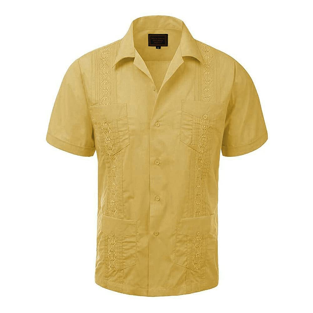 Maximos Men's Guayabera Shirt - Cuban Style Short Sleeve Button Up Casual Shirt for Summer, Beach, Wedding & Vacation - Lightweight Breathable Linen Blend Fabric for Hot Weather & Tropical Events